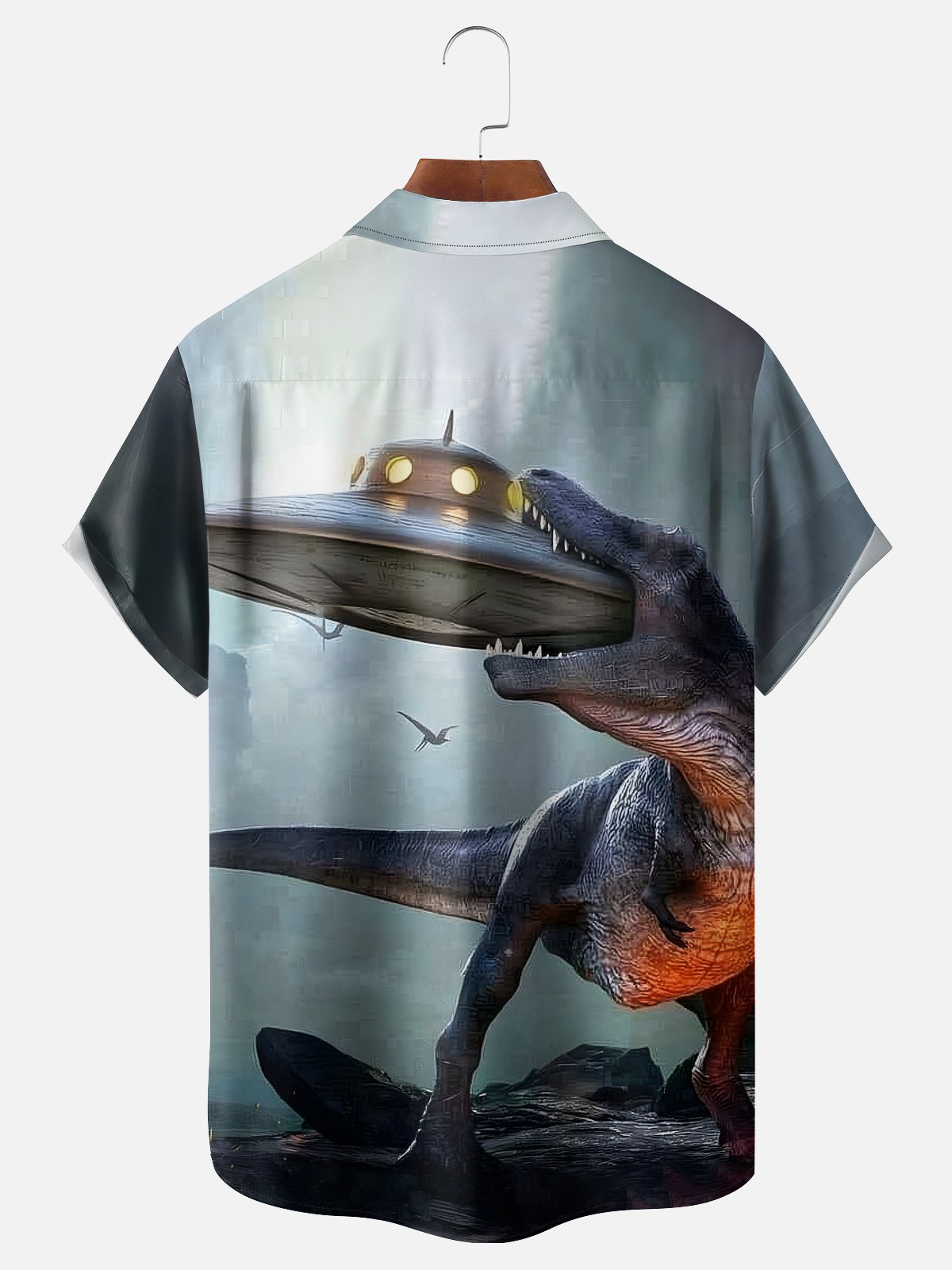Moisture-wicking Dinosaur vs. Alien UFO Chest Pocket Hawaiian Shirt