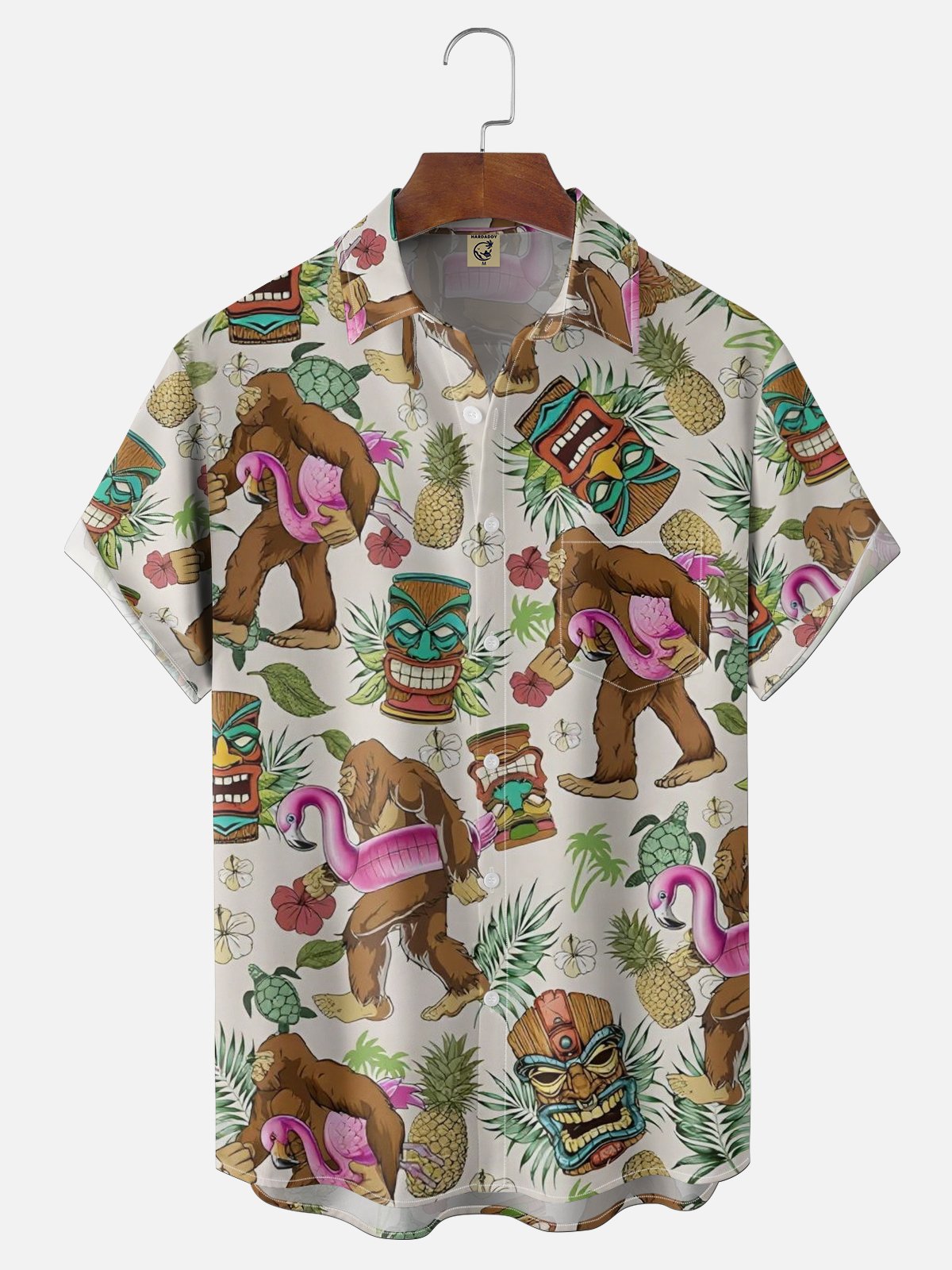 Moisture-wicking Bigfoot Flamingo Tiki Pineapple Flowers Chest Pocket Hawaiian Shirt