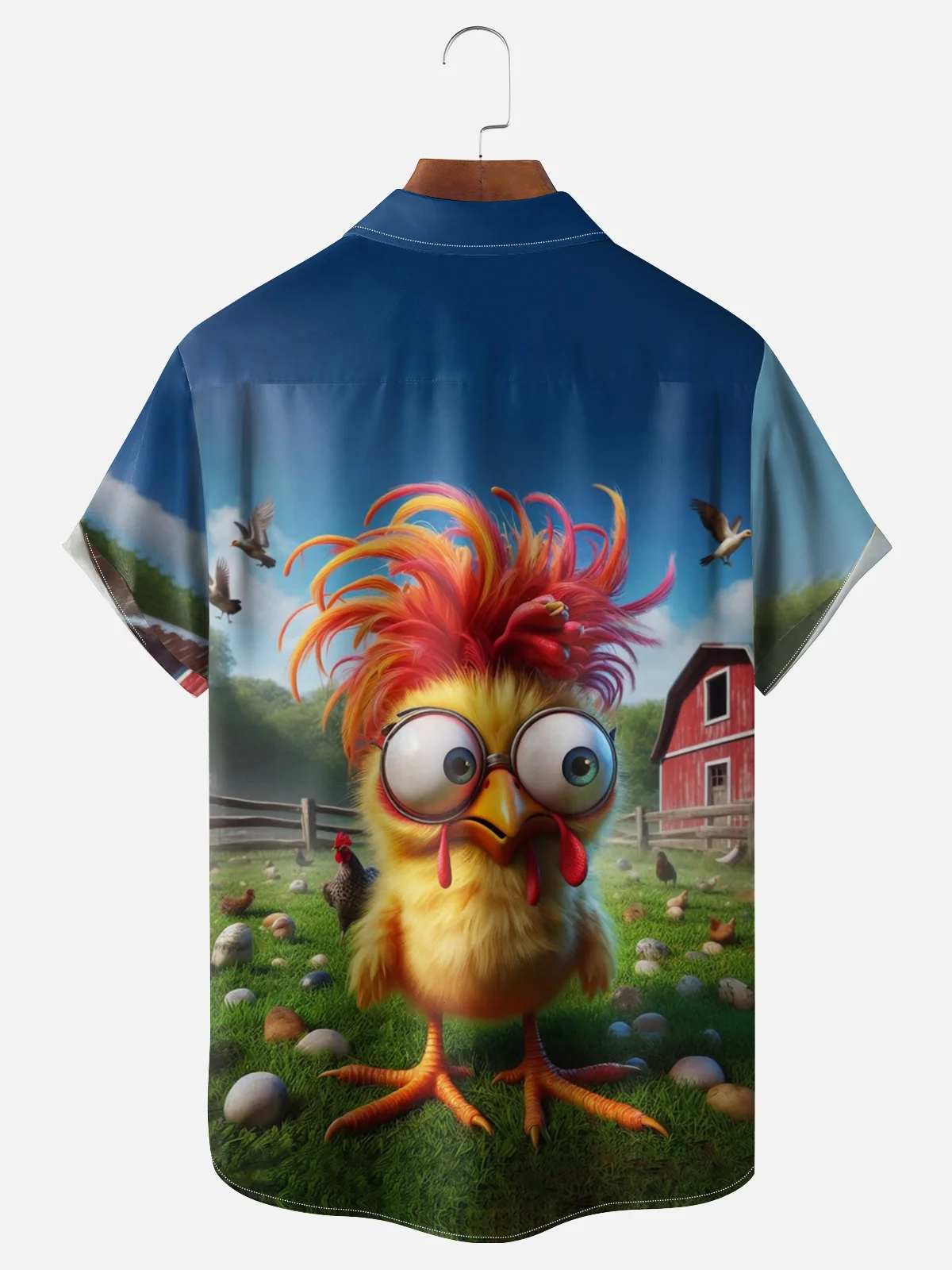 Moisture-wicking Big-Eyed Chicken Playful Print Chest Pocket Hawaiian Shirt