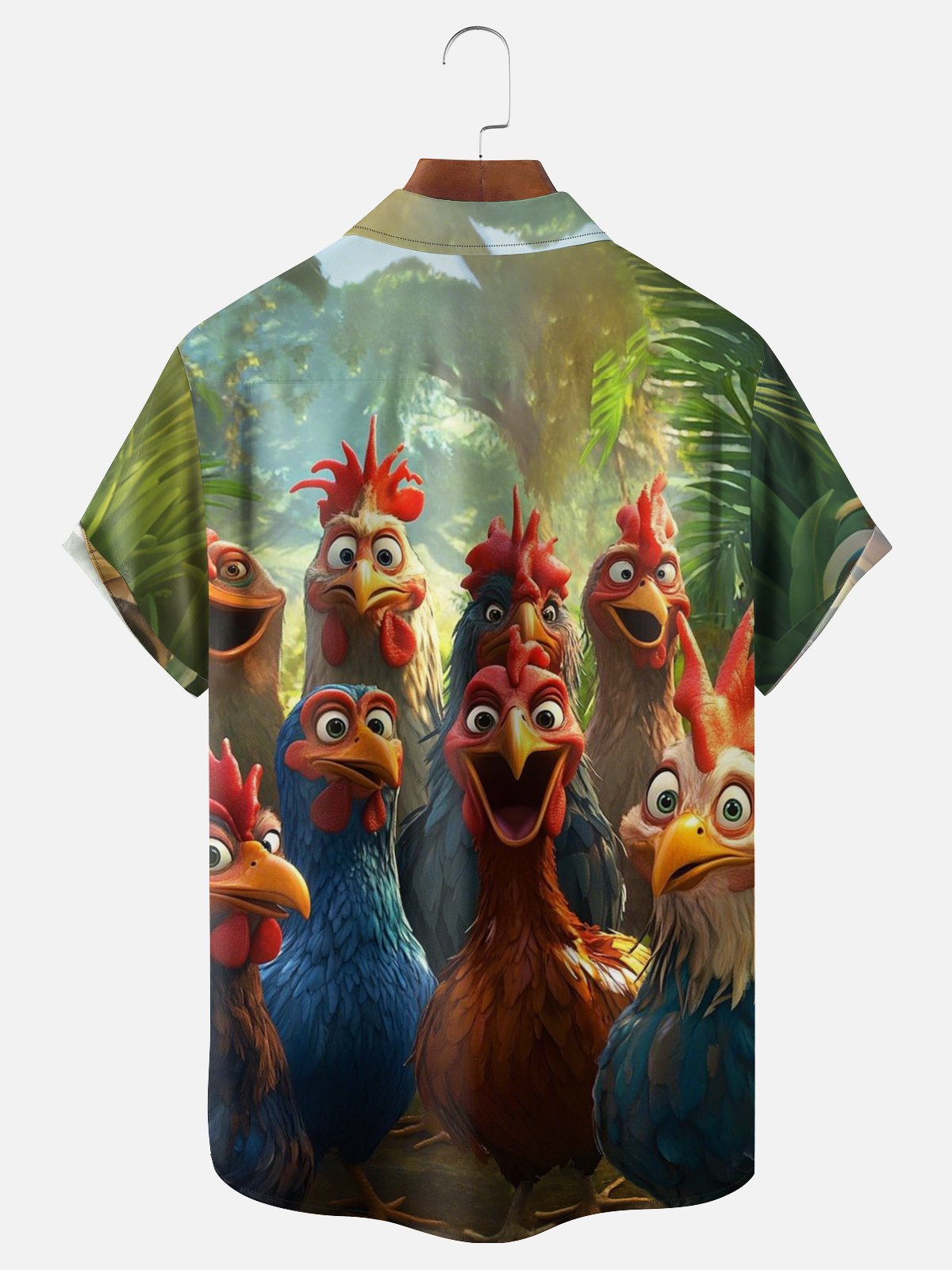 Moisture-wicking Rooster Chicken Fun Print Chest Pocket Hawaiian Shirt
