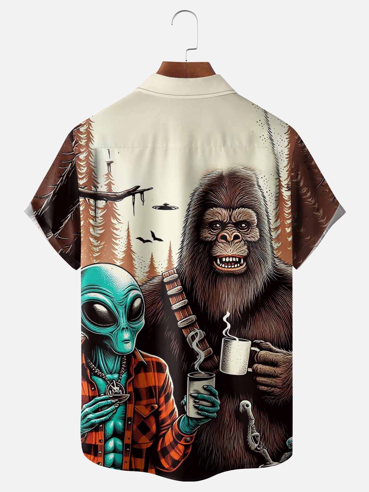 Moisture-wicking Bigfoot and Alien Coffee Chest Pocket Hawaiian Shirt