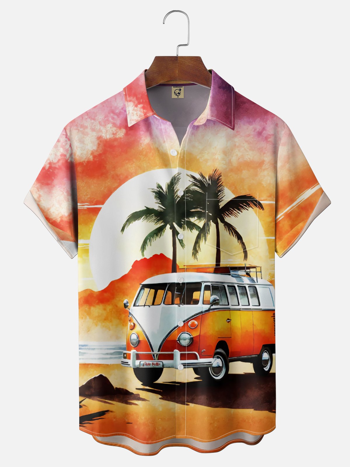 Moisture Wicking Sunset Scenery Vintage Car Vacation Chest Pocket Holiday Hawaiian Shirt