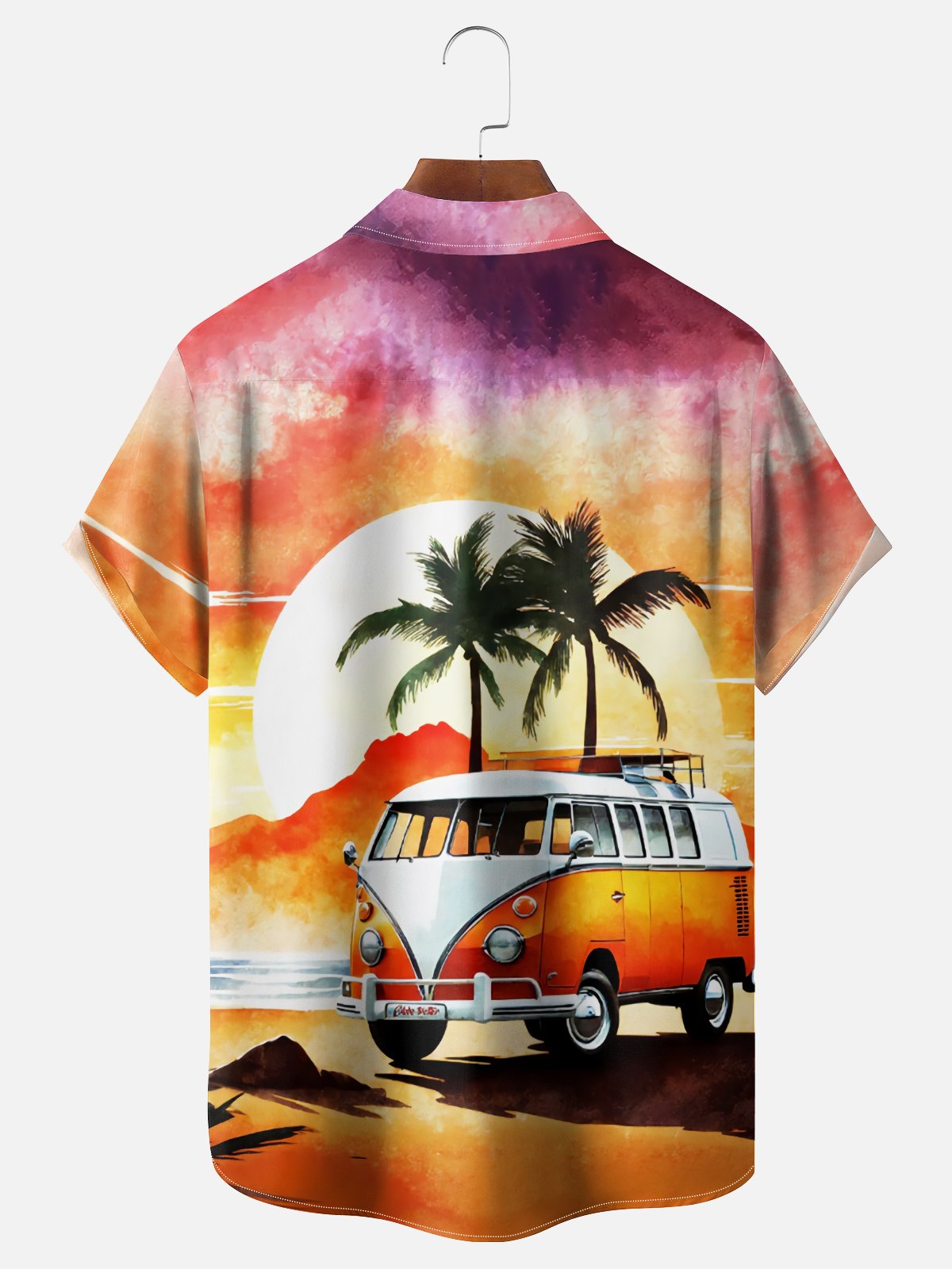 Moisture Wicking Sunset Scenery Vintage Car Vacation Chest Pocket Holiday Hawaiian Shirt
