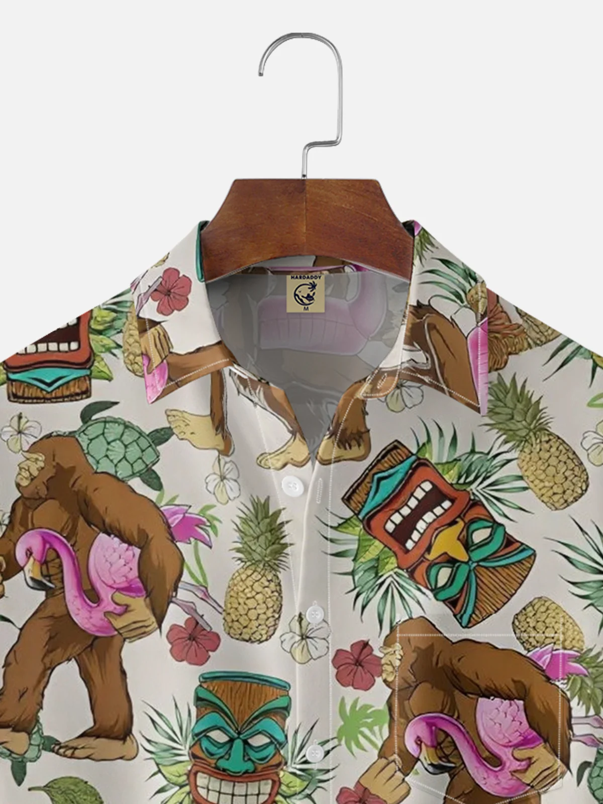 Moisture-wicking Bigfoot Flamingo Tiki Pineapple Flowers Chest Pocket Hawaiian Shirt