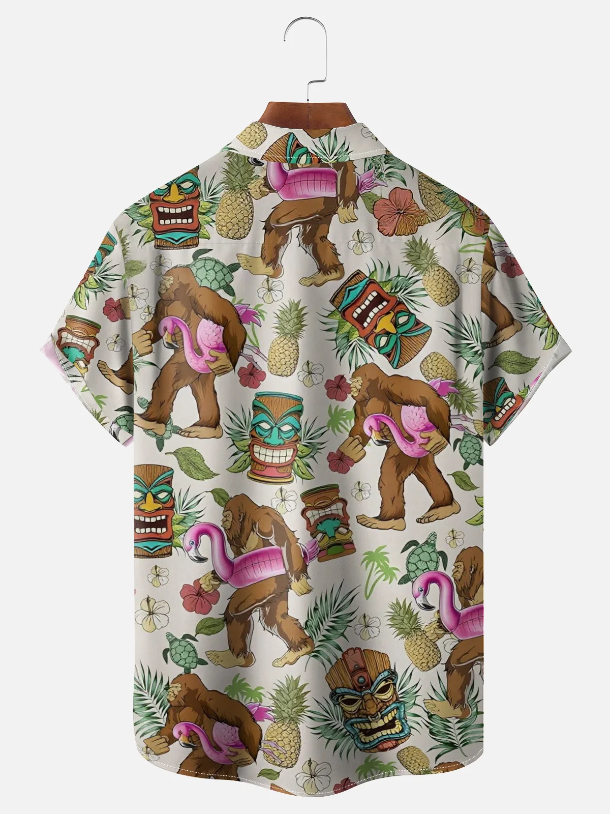 Moisture-wicking Bigfoot Flamingo Tiki Pineapple Flowers Chest Pocket Hawaiian Shirt