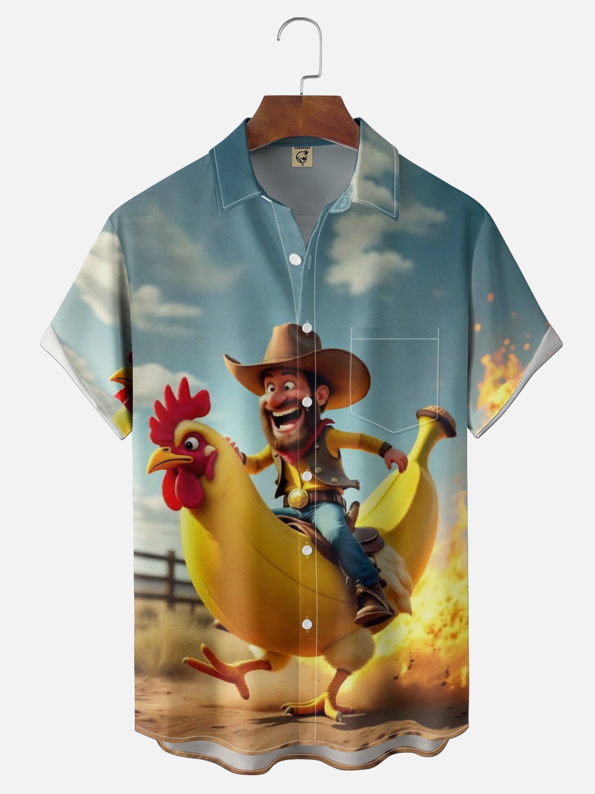 Moisture-wicking Banana Chicken Denim Funky Chest Pocket Hawaiian Shirt