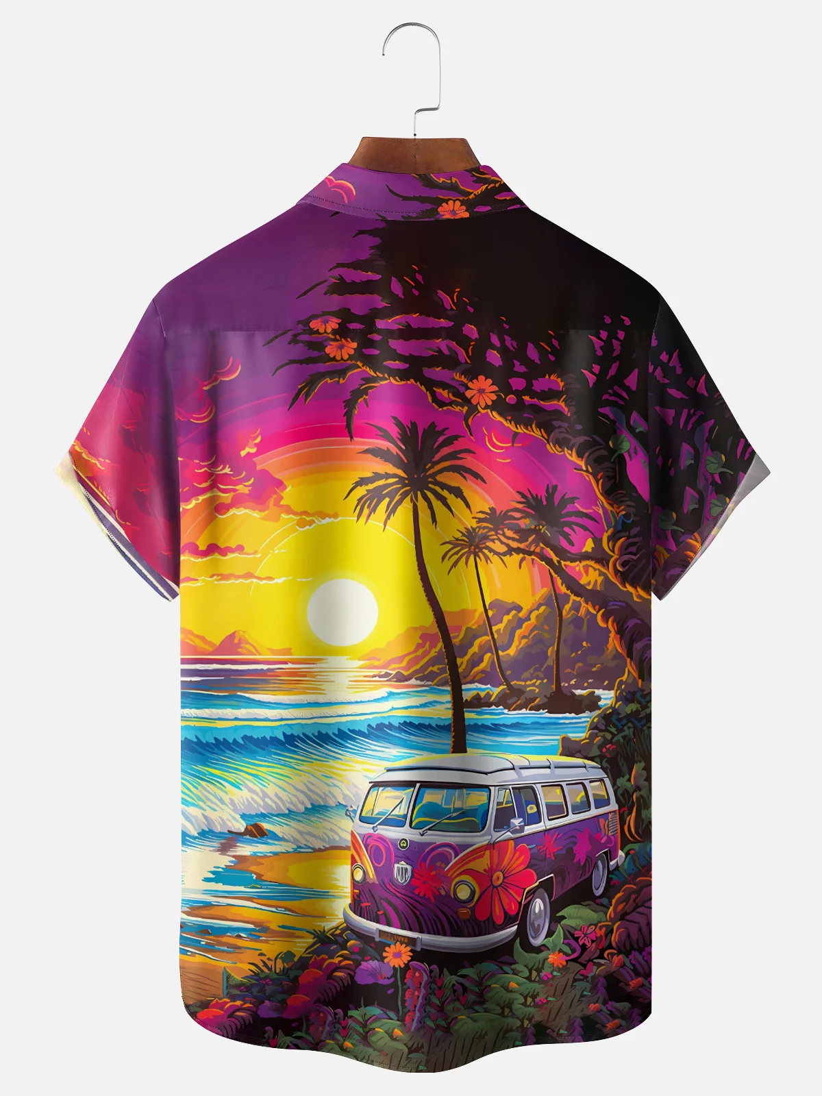 Moisture Wicking Sunset Scenery Vintage Car Vacation Chest Pocket Holiday Hawaiian Shirt