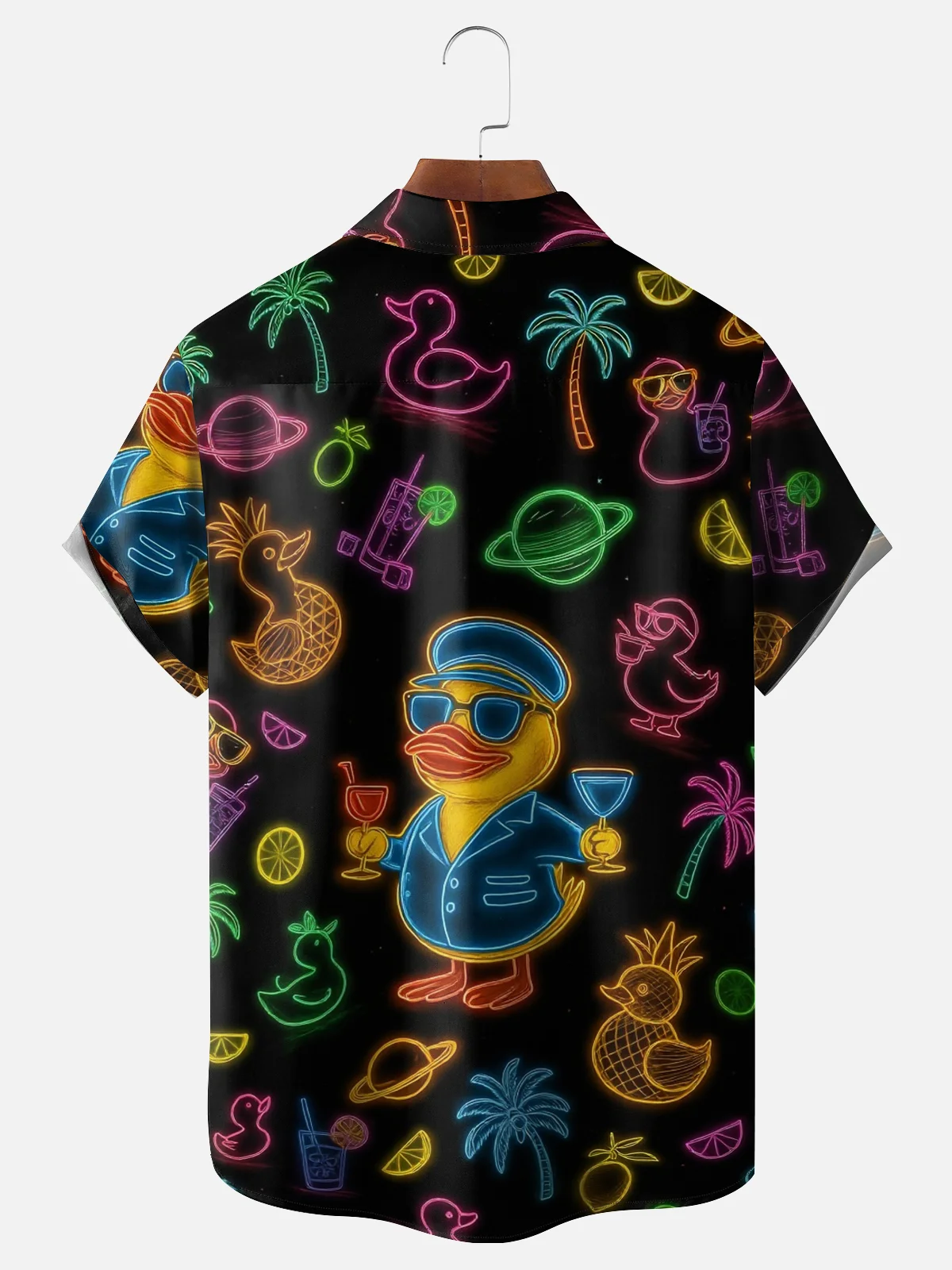 Moisture-wicking Yellow Duck Pineapple Coconut Tree Chest Pocket Hawaiian Shirt