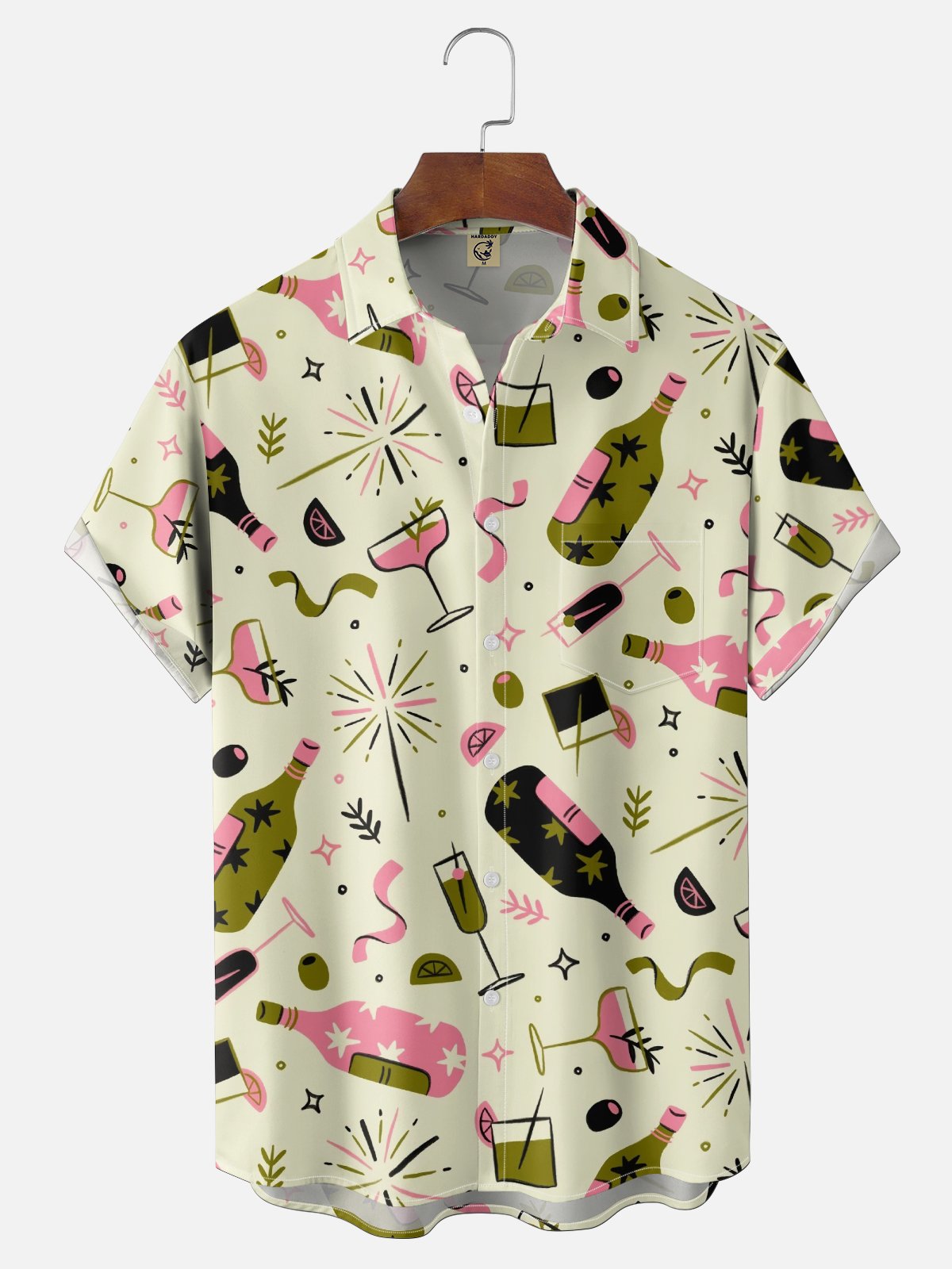 Moisture-wicking Happy New Year Cocktail Geomatric Chest Pocket Hawaiian Shirt