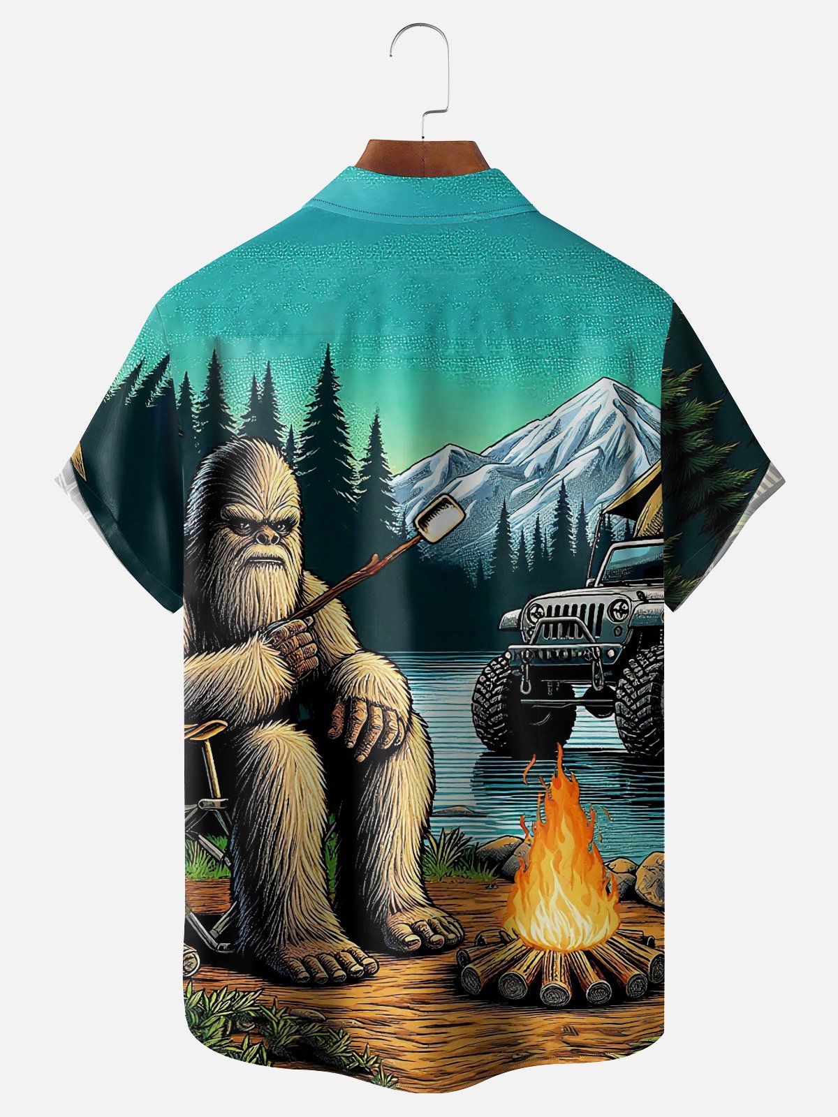 Moisture-wicking Bigfoot Camping Roast Marshmallows Chest Pocket Hawaiian Shirt