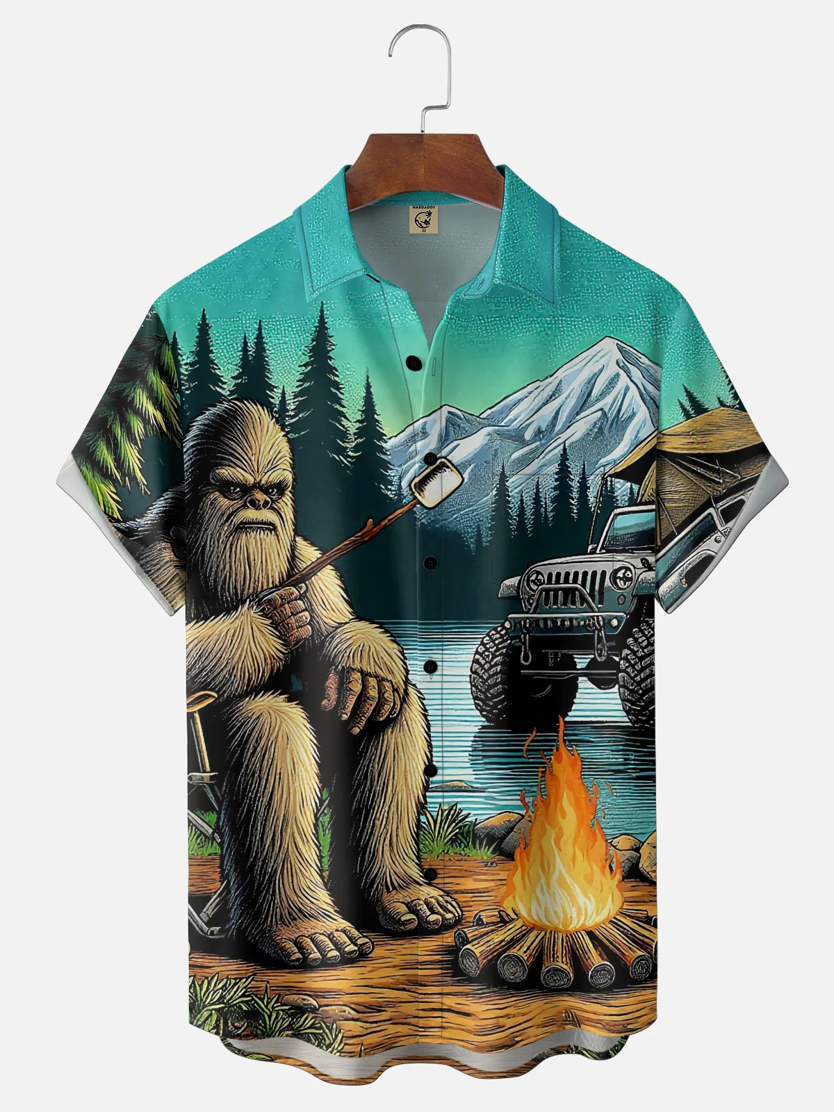 Moisture-wicking Bigfoot Camping Roast Marshmallows Chest Pocket Hawaiian Shirt