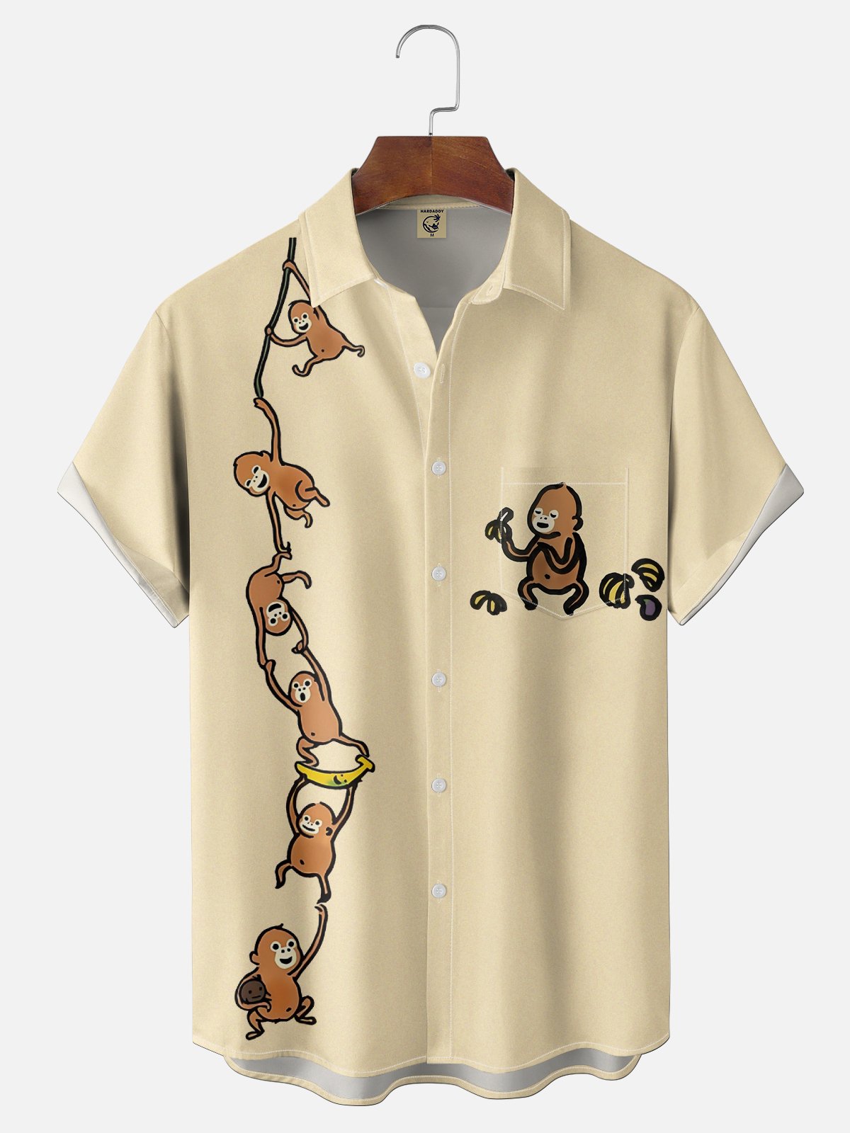 Moisture-wicking Monkey Banana Fun Art Chest Pocket Bowling Shirt
