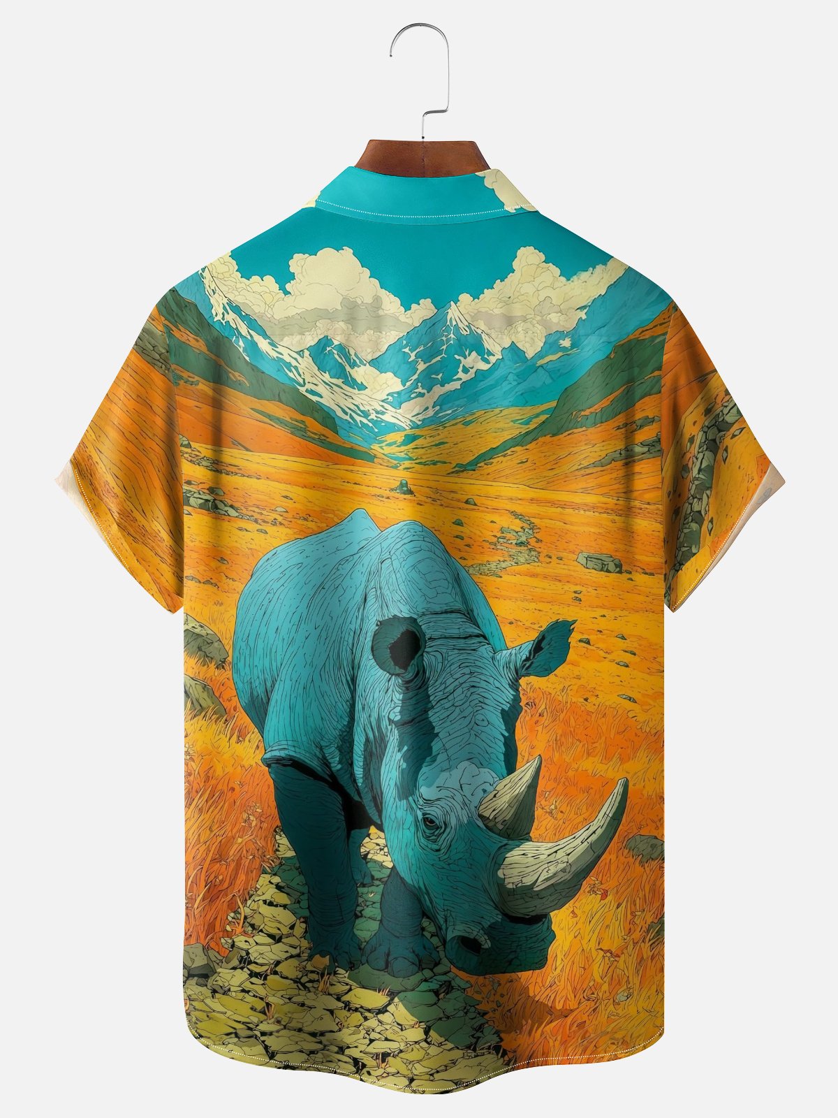 Moisture-wicking Rhino Landscape Art Painting Chest Pocket Hawaiian Shirt