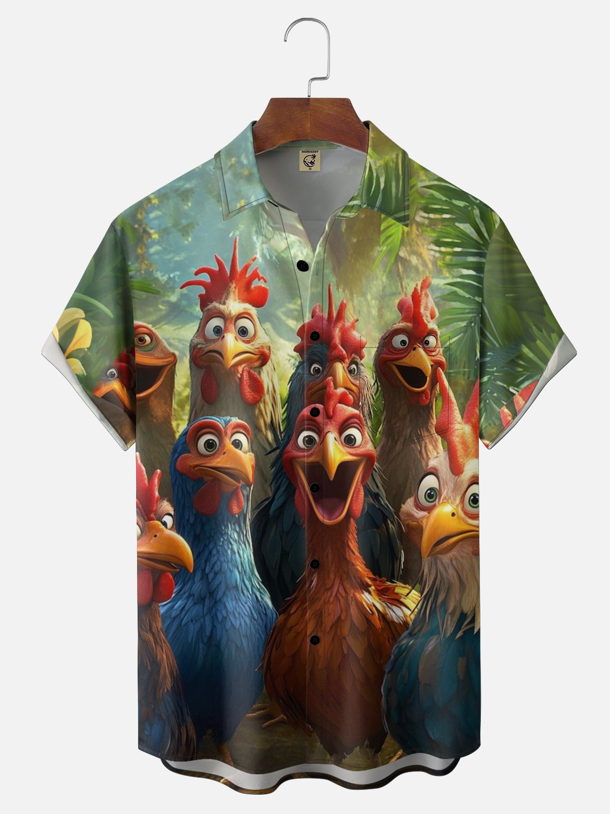 Moisture-wicking Rooster Chicken Fun Print Chest Pocket Hawaiian Shirt