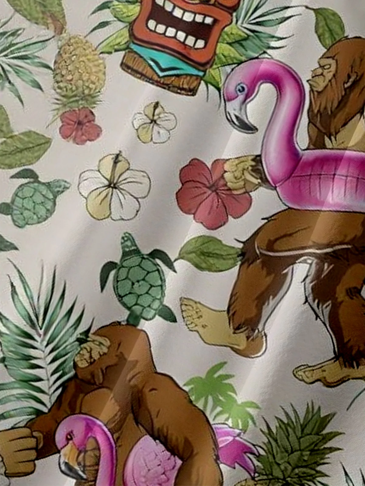 Moisture-wicking Bigfoot Flamingo Tiki Pineapple Flowers Chest Pocket Hawaiian Shirt