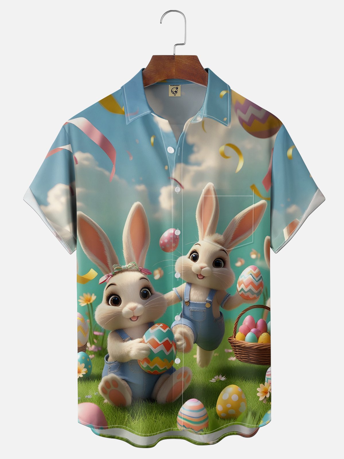 Moisture Wicking Gradient Easter Bunny Egg Chest Pocket Holiday Shirt