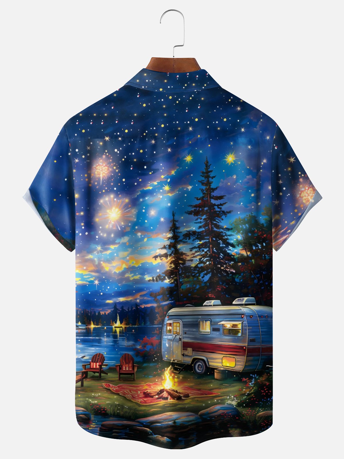 Moisture Wicking Gradient Color Fireworks Lakeside Camping RV Bonfire Chest Pocket Holiday Shirt