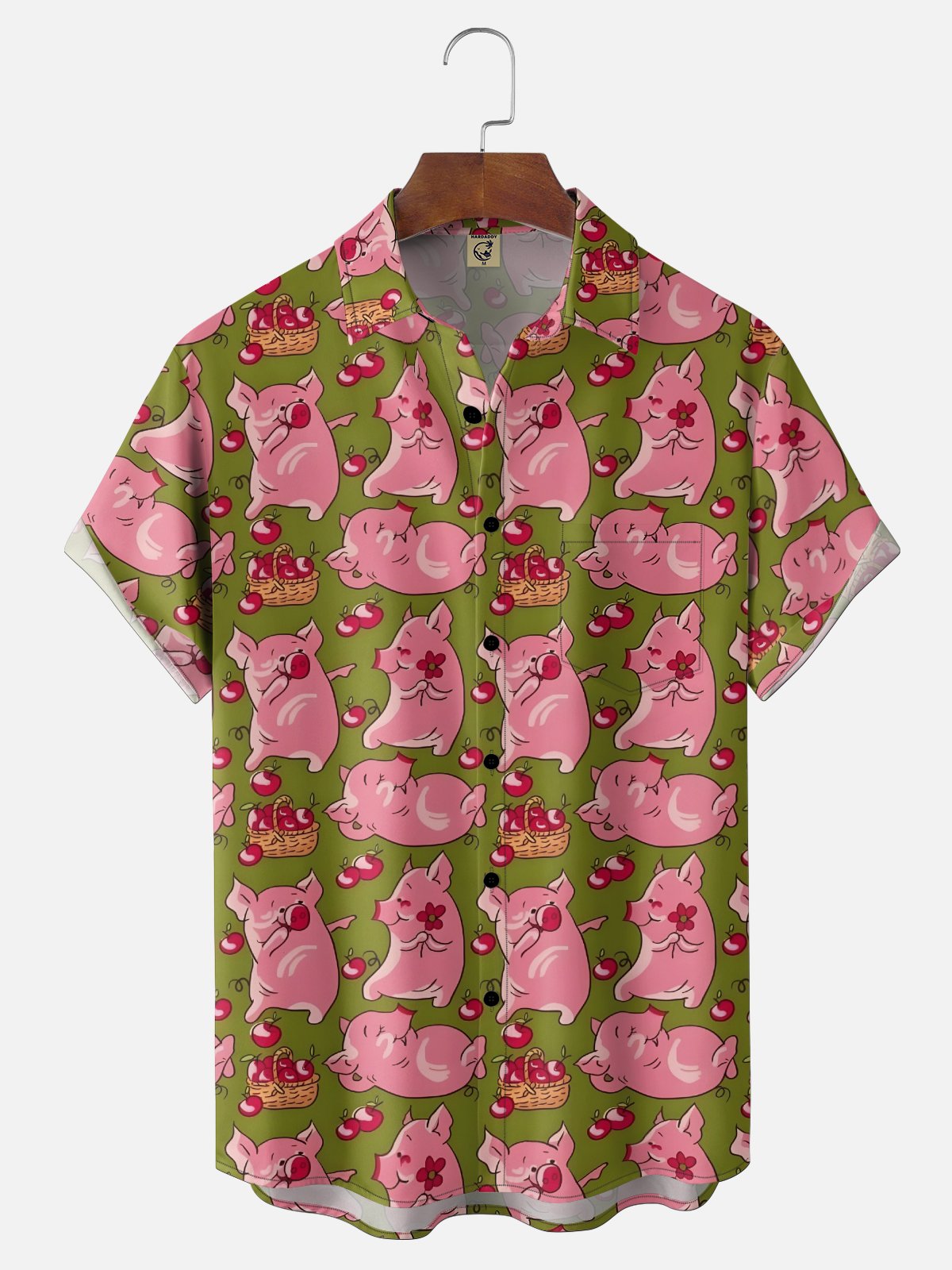 Moisture Wicking Cute Funny Pig Apple Chest Pocket Holiday Shirt