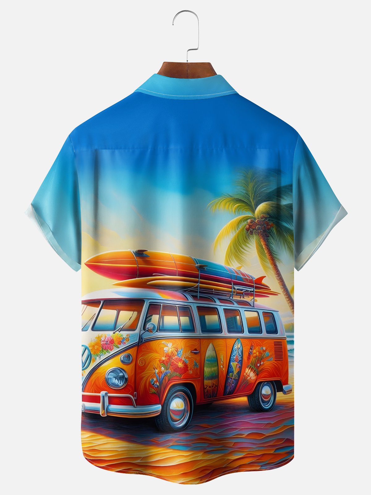 Moisture Wicking Gradient Beach Camping RV Coconut Tree Chest Pocket Holiday Shirt