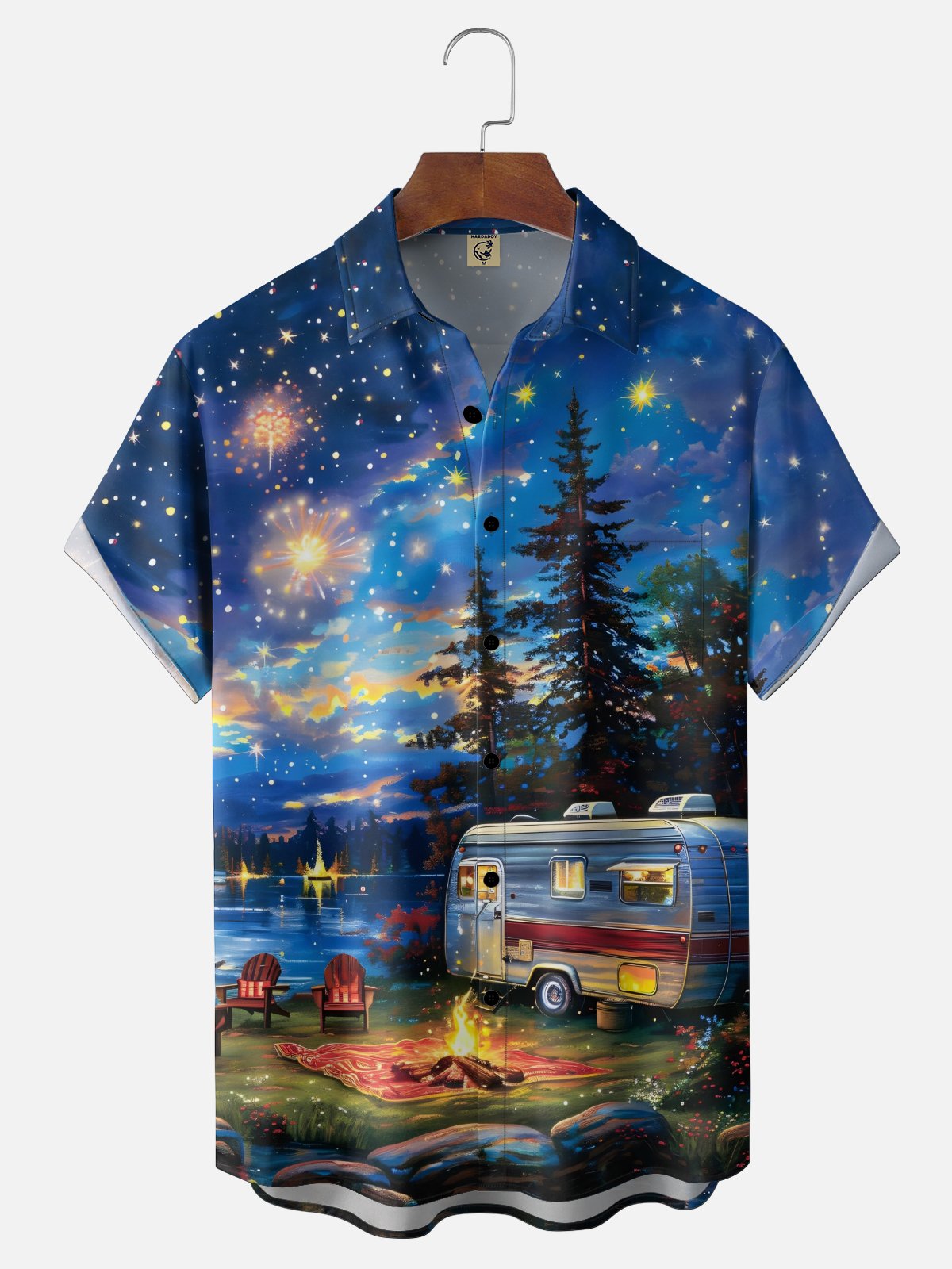 Moisture Wicking Gradient Color Fireworks Lakeside Camping RV Bonfire Chest Pocket Holiday Shirt