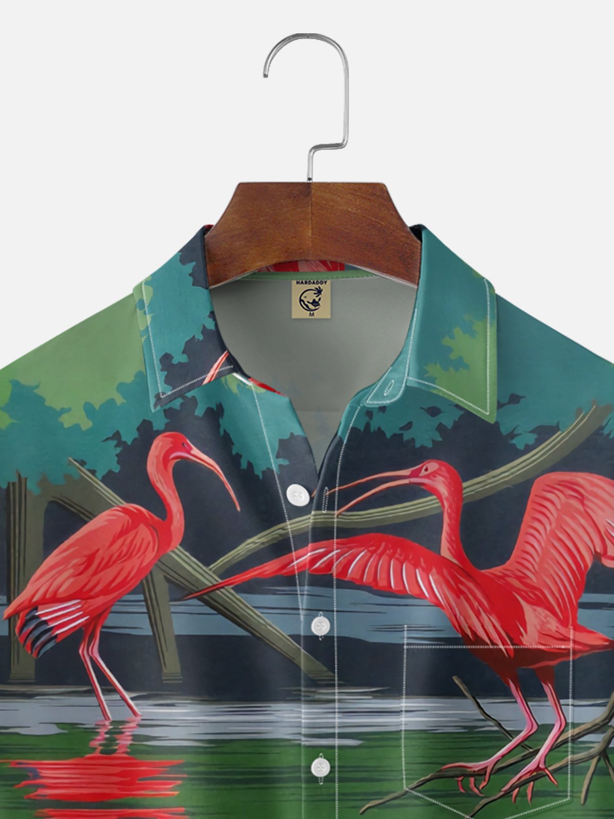 Moisture-wicking Flamingo Pink Dolphin Botanical Art Chest Pocket Hawaiian Shirt