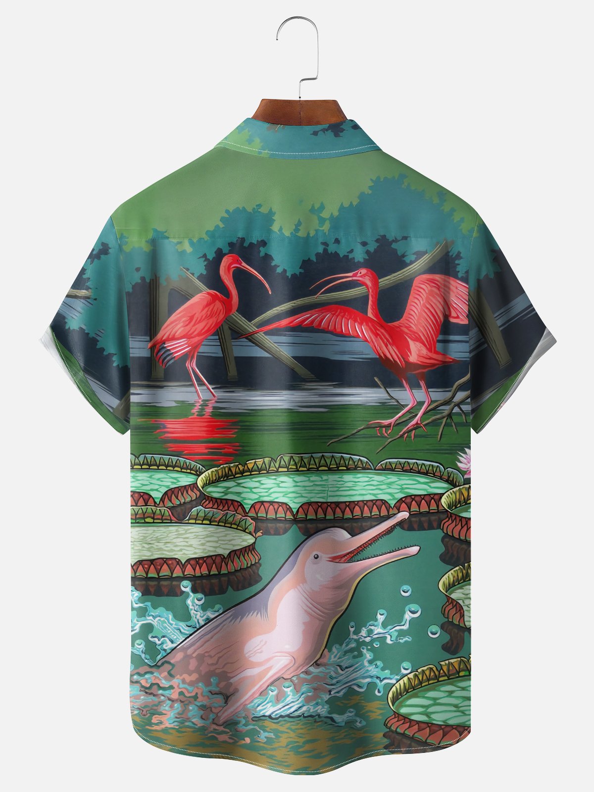 Moisture-wicking Flamingo Pink Dolphin Botanical Art Chest Pocket Hawaiian Shirt