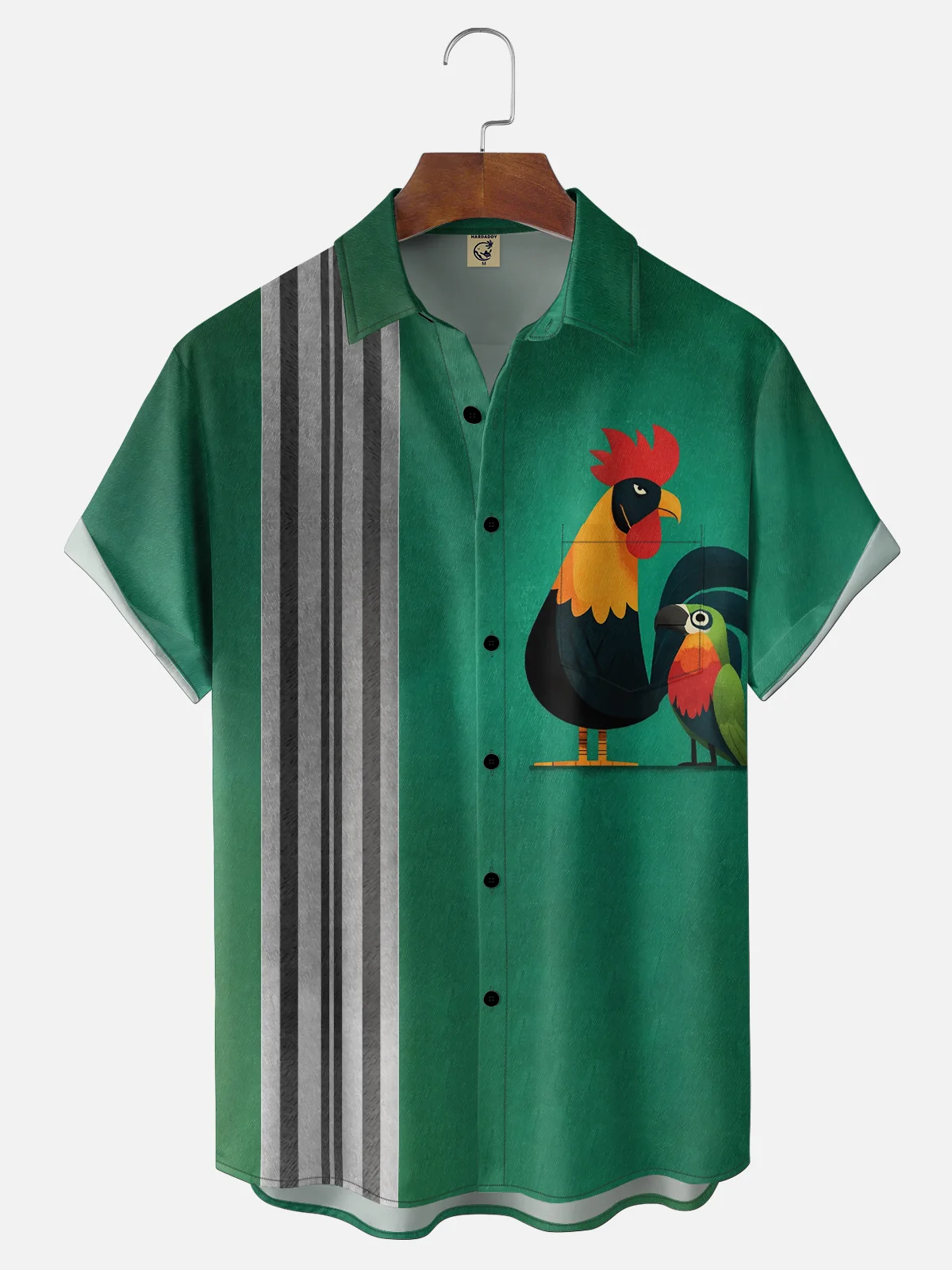 Moisture Wicking Fun Rooster Parrot Chest Pocket Holiday Bowling Shirt