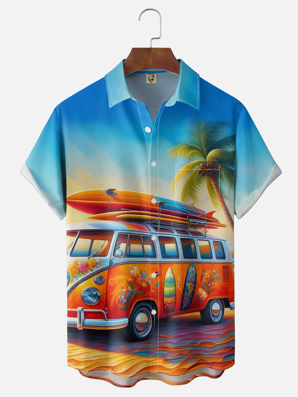 Moisture Wicking Gradient Beach Camping RV Coconut Tree Chest Pocket Holiday Shirt