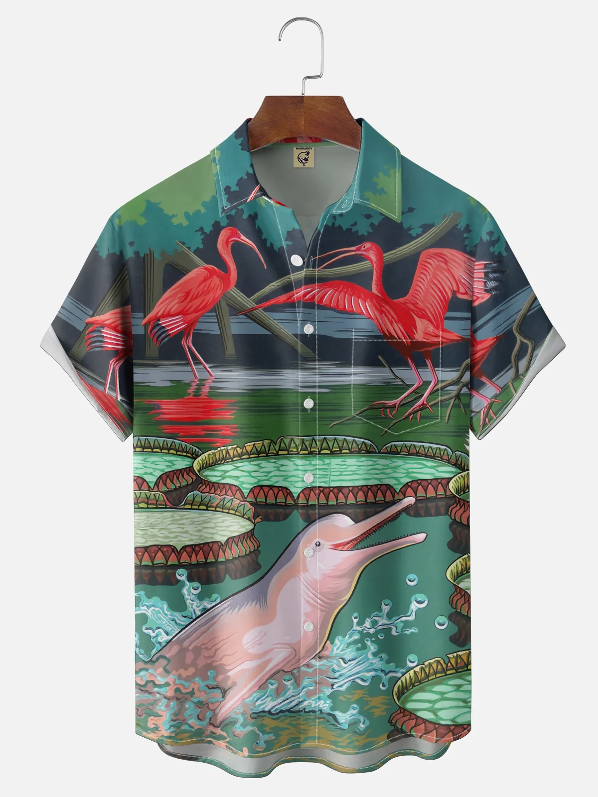 Moisture-wicking Flamingo Pink Dolphin Botanical Art Chest Pocket Hawaiian Shirt