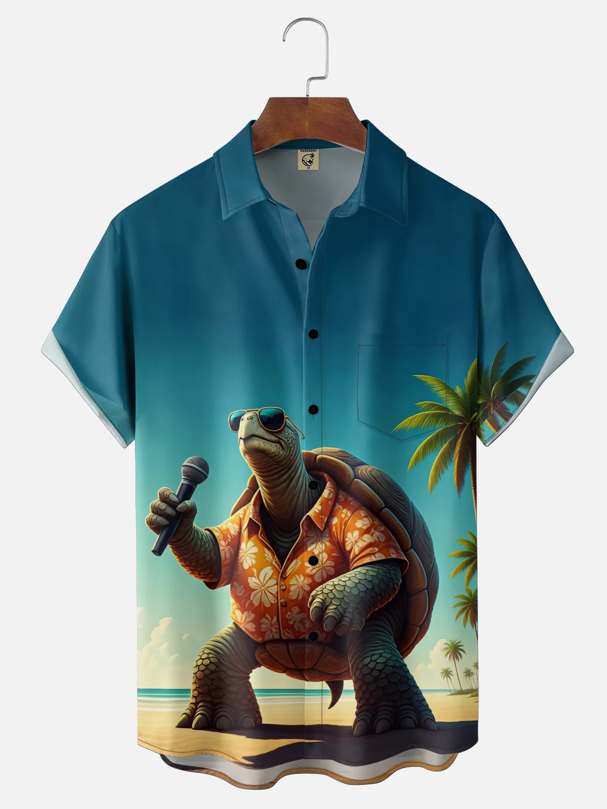 Moisture Wicking Fun Turtle Singing Chest Pocket Holiday Hawaiian Shirt