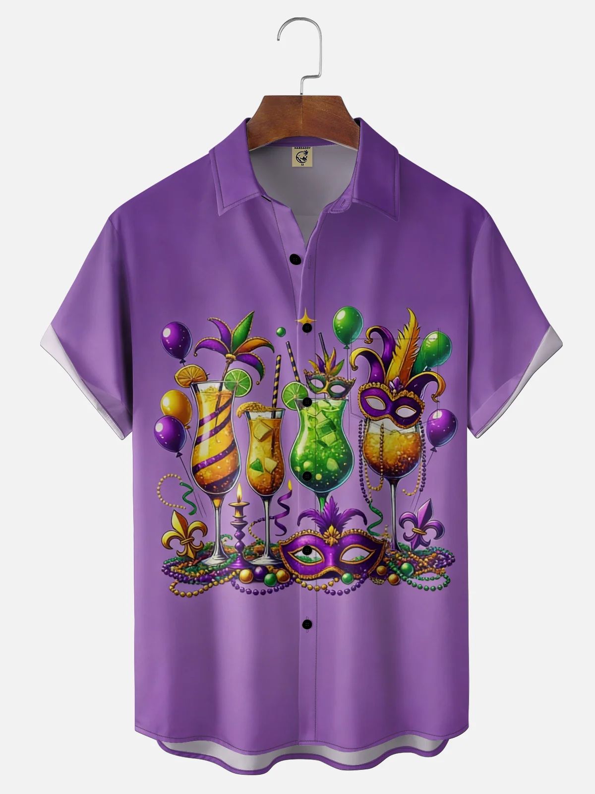 Moisture-wicking Mardi Gras Cocktail Mask Chest Pocket Hawaiian Shirt