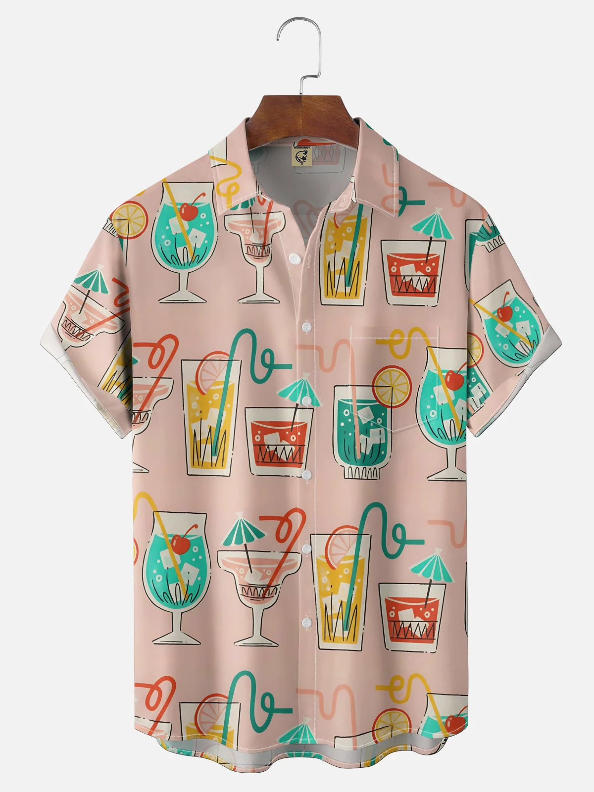 Moisture-wicking Tropical Cocktail Geomatric Chest Pocket Hawaiian Shirt