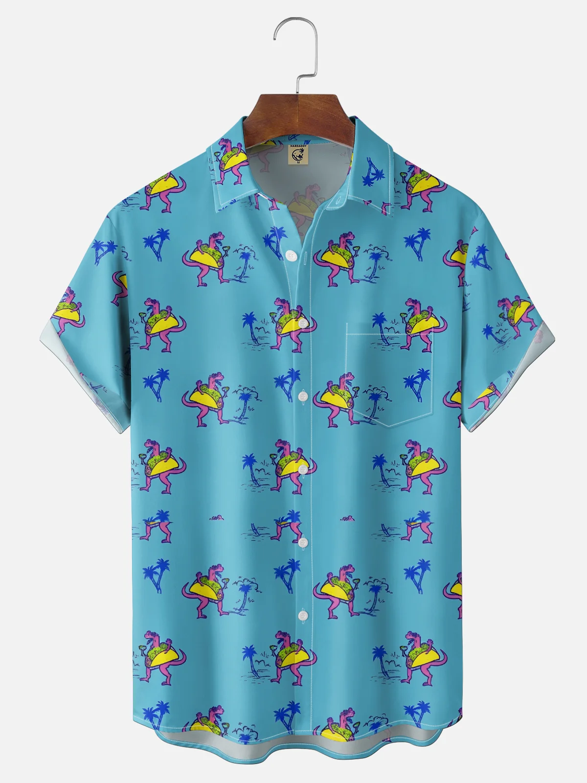 Moisture-wicking Palm Tree Mexican Taco Dinosaur Chest Pocket Hawaiian Shirt