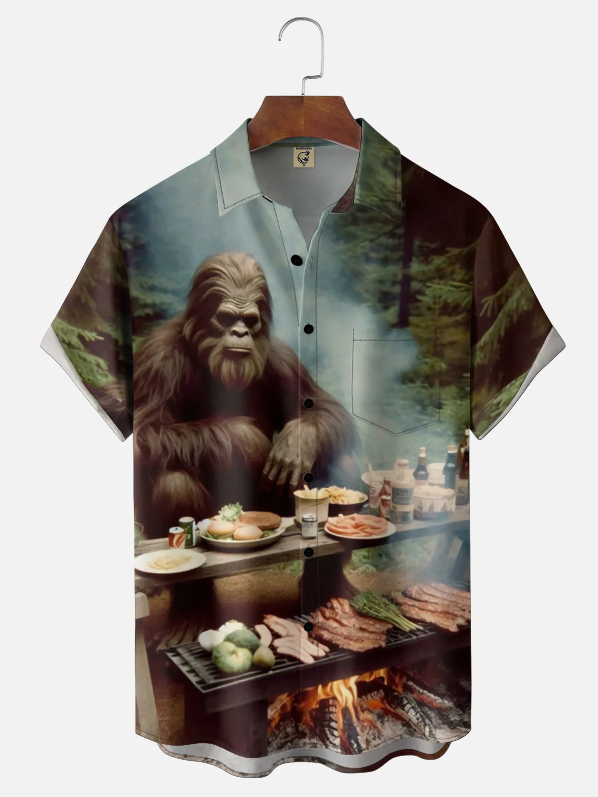 Moisture-wicking Bigfoot Forest BBQ Fun Chest Pocket Hawaiian Shirt