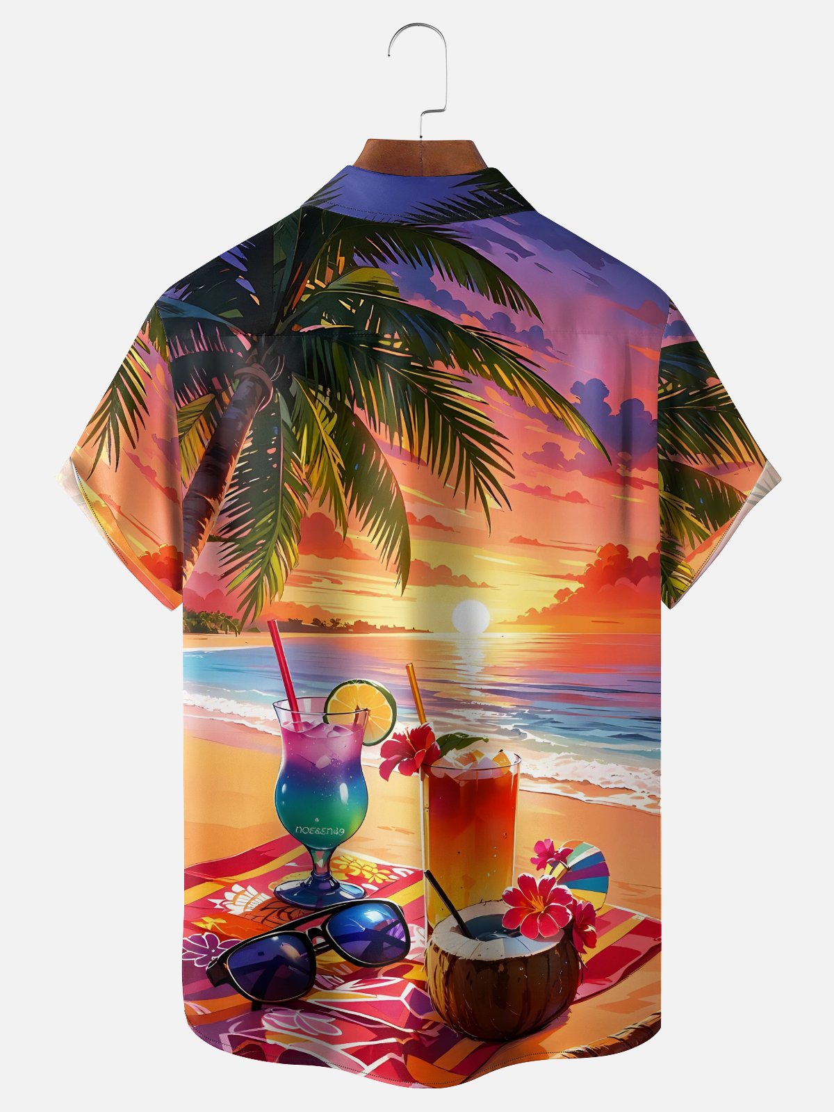 Moisture Wicking Gradient Beach Cocktail Coconut Tree Chest Pocket Holiday Shirt