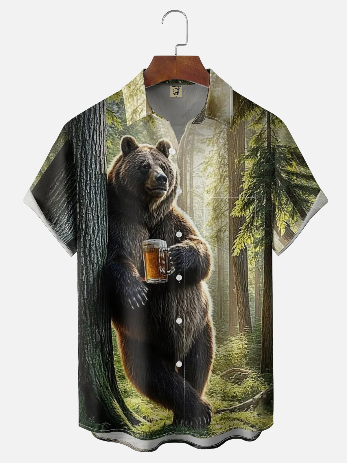 Moisture-wicking Brown Bear Fun Beer Chest Pocket Hawaiian Shirt