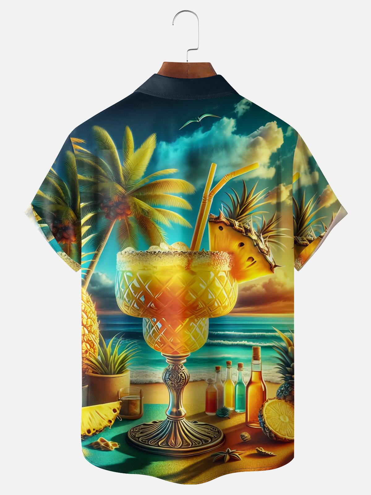 Moisture Wicking Beach Gradient Pineapple Cocktail Coconut Tree Chest Pocket Holiday Shirt