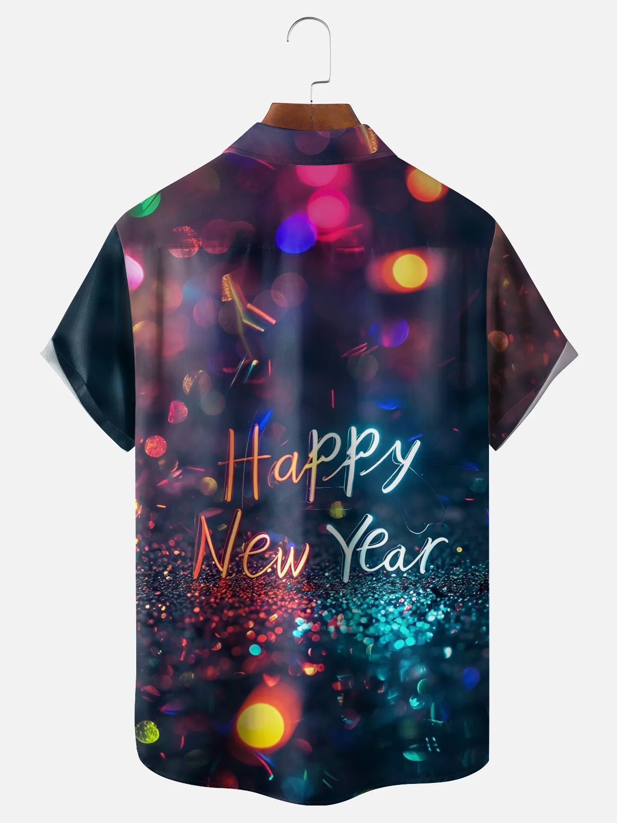 Moisture-wicking Happy New Year Fireworks Chest Pocket Hawaiian Shirt