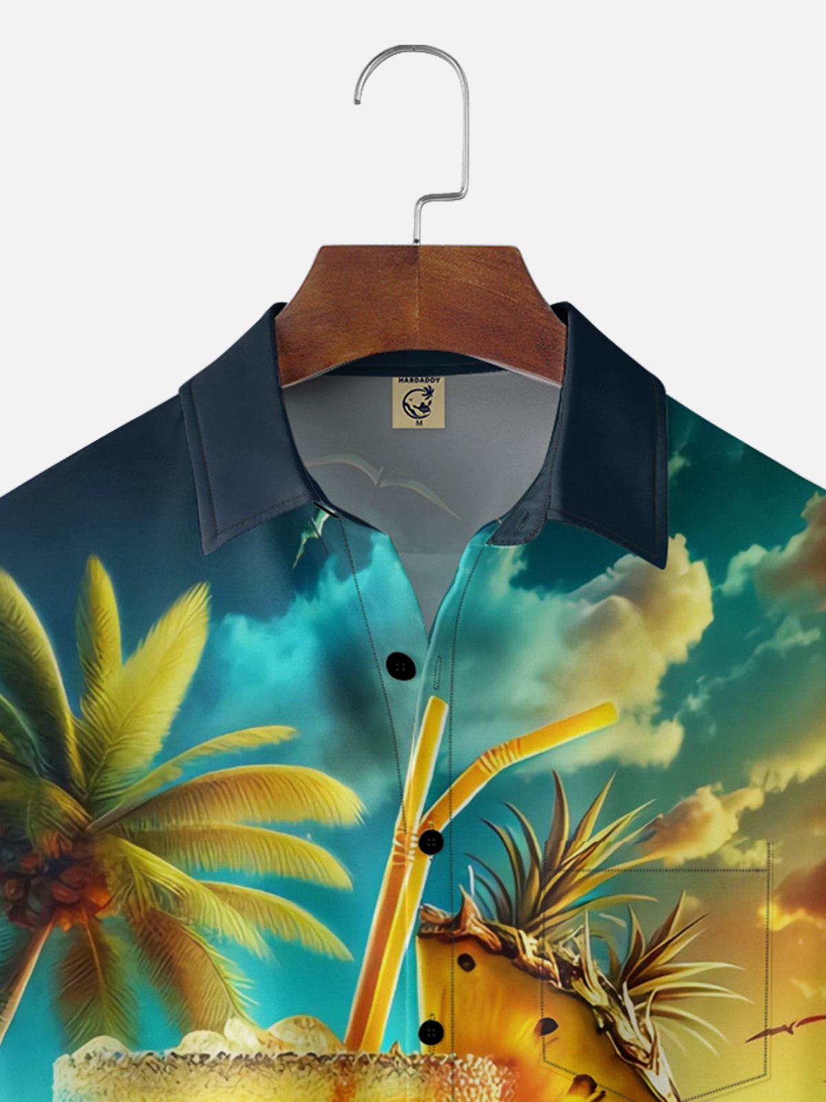 Moisture Wicking Beach Gradient Pineapple Cocktail Coconut Tree Chest Pocket Holiday Shirt