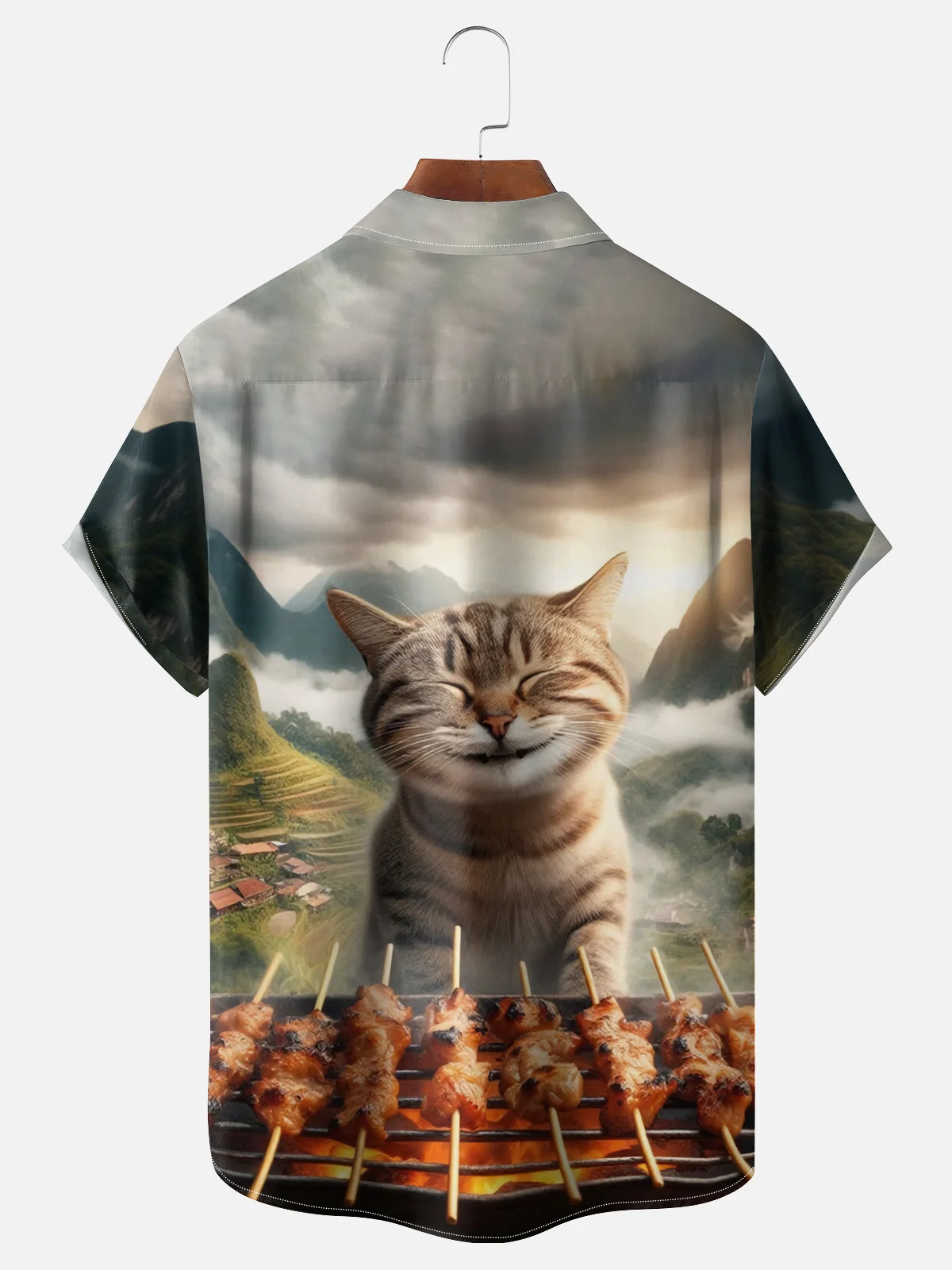 Moisture-wicking Fun Cat BBQ Outdoor Chest Pocket Hawaiian Shirt