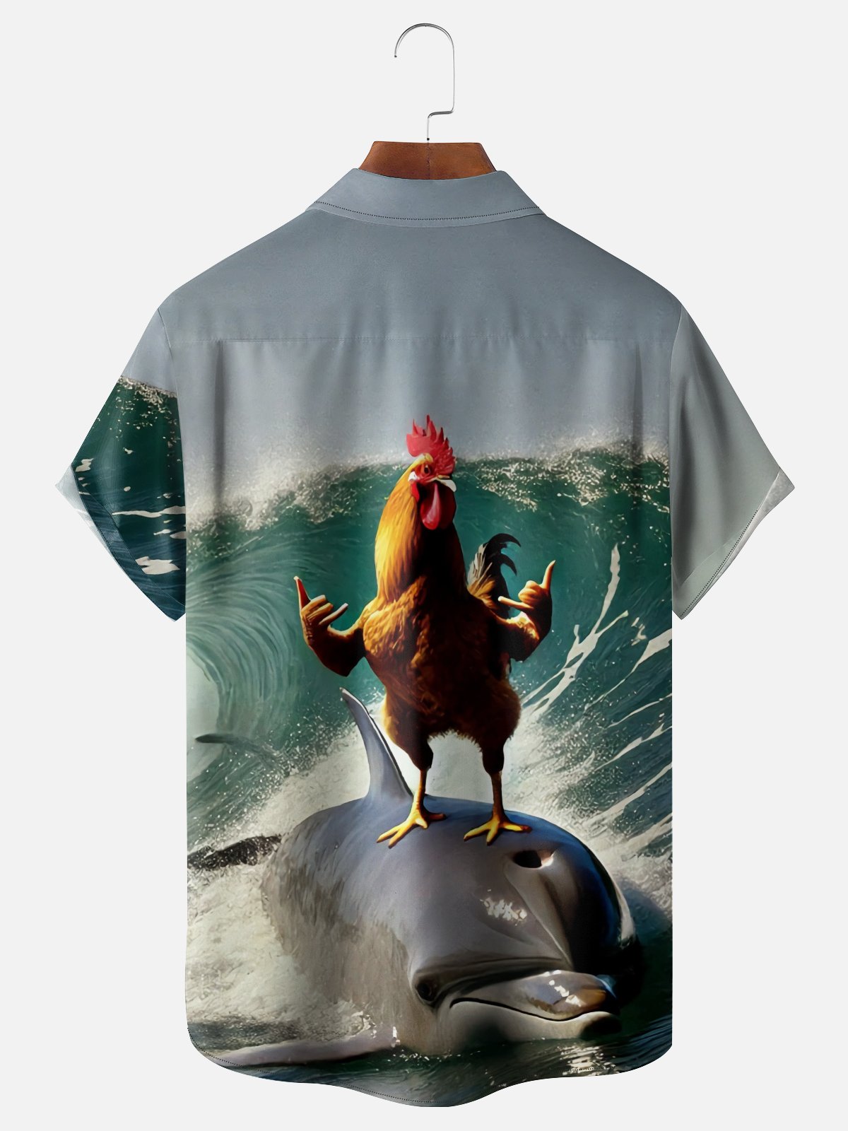 Moisture-wicking Fun Chicken Surfing Dolphin Chest Pocket Hawaiian Shirt