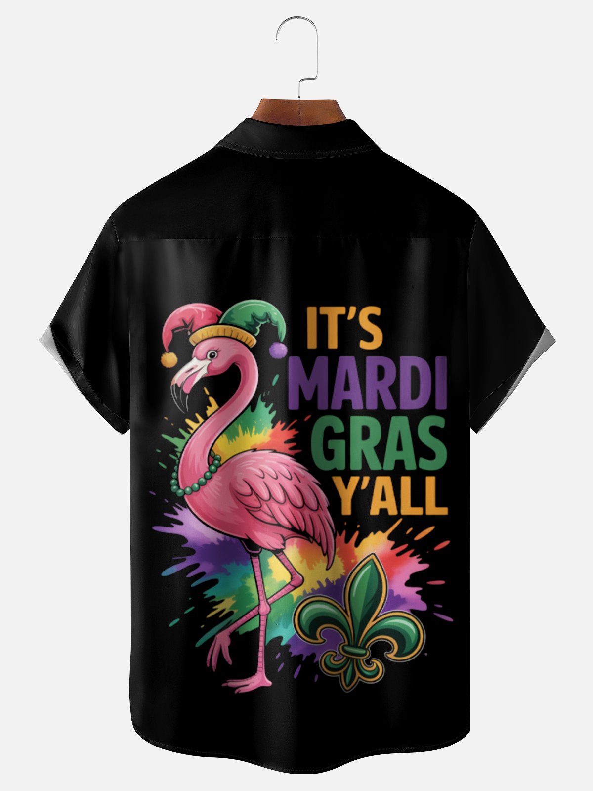 Moisture Wickin Mardi Gras Carnival Flamingo Chest Pocket Holiday Hawaiian Shirt