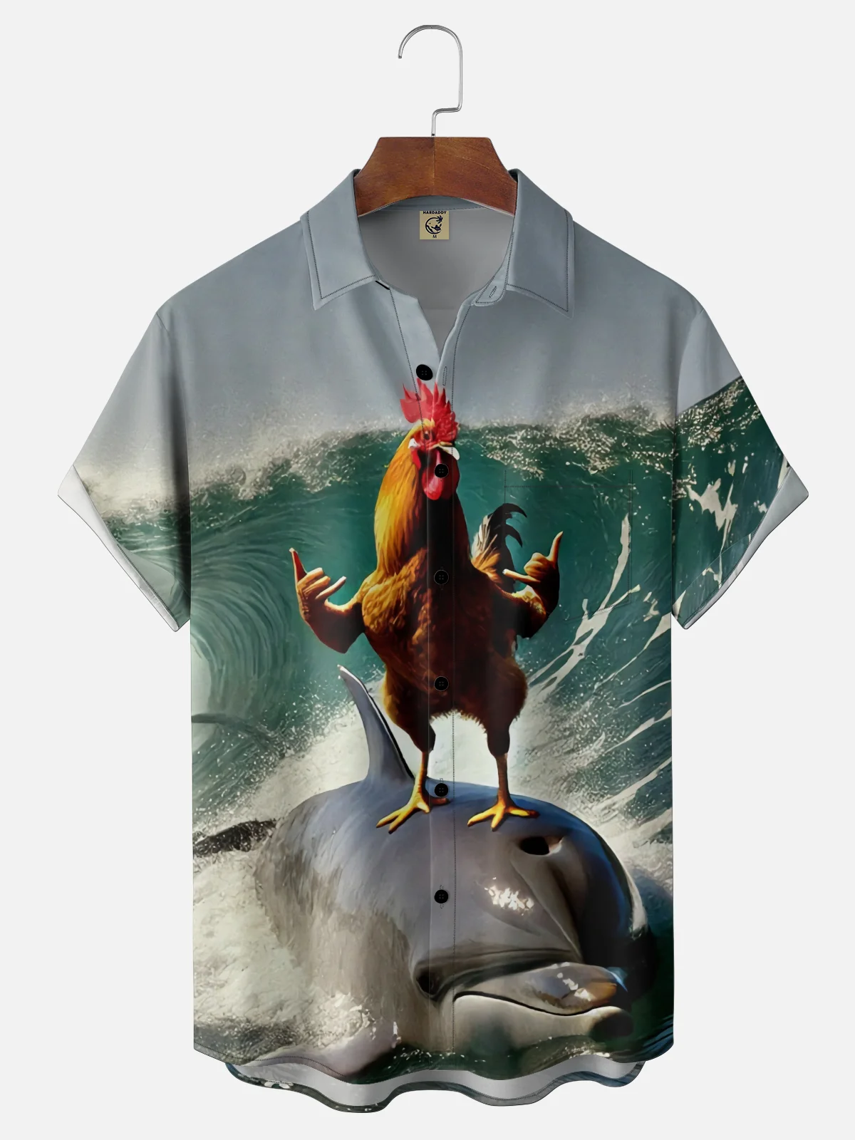 Moisture-wicking Fun Chicken Surfing Dolphin Chest Pocket Hawaiian Shirt