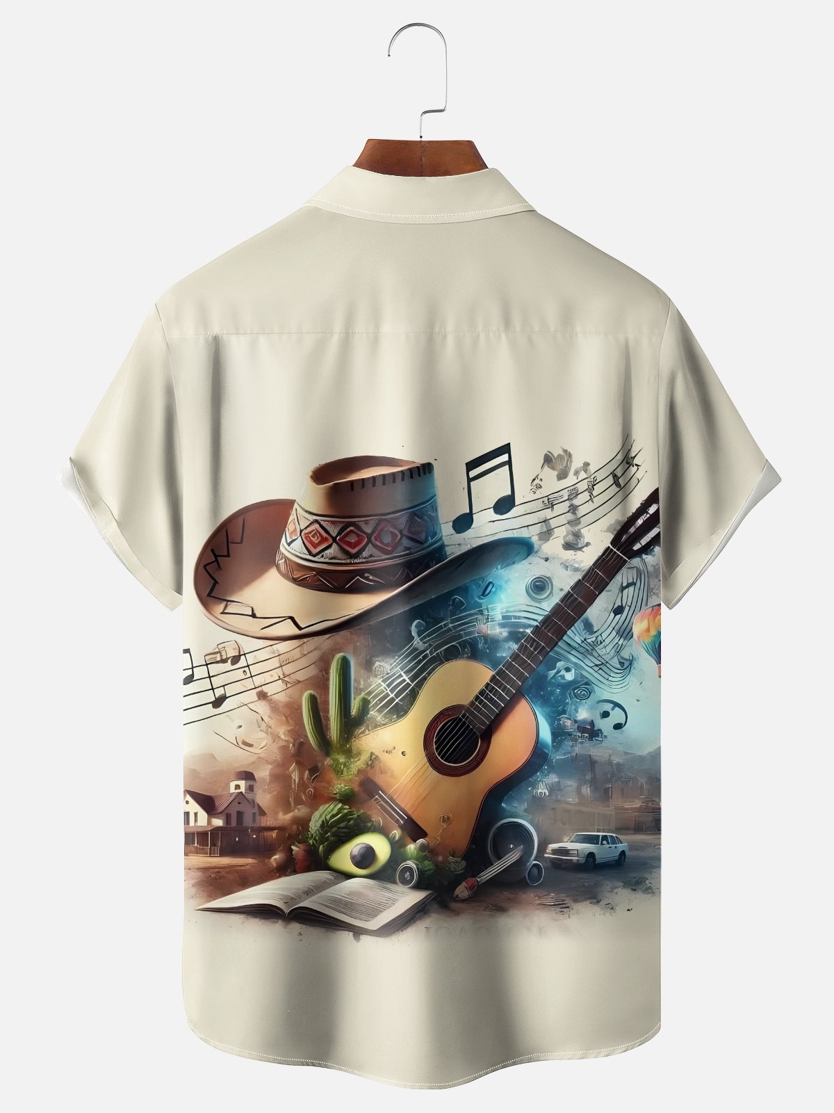 Moisture Wicking Abstract Country Music Guitar Notes Cactus Chest Pocket Holiday Shirt