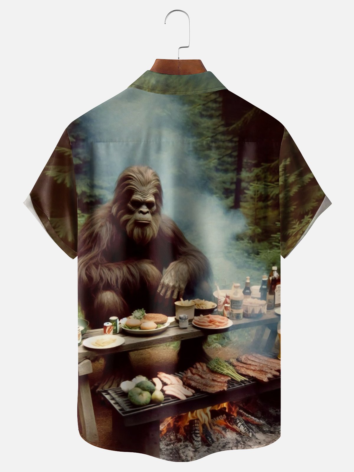 Moisture-wicking Bigfoot Forest BBQ Fun Chest Pocket Hawaiian Shirt