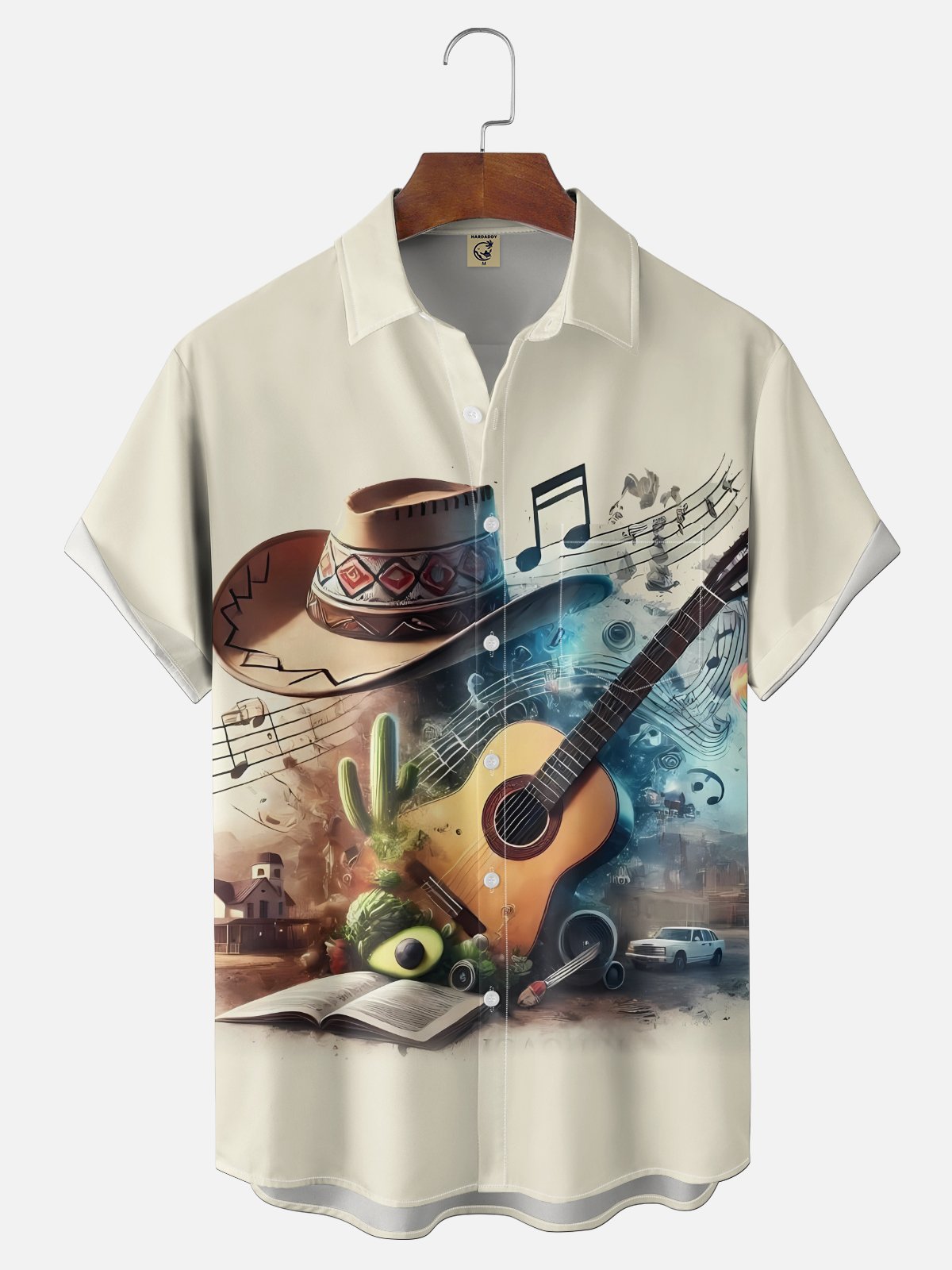 Moisture Wicking Abstract Country Music Guitar Notes Cactus Chest Pocket Holiday Shirt