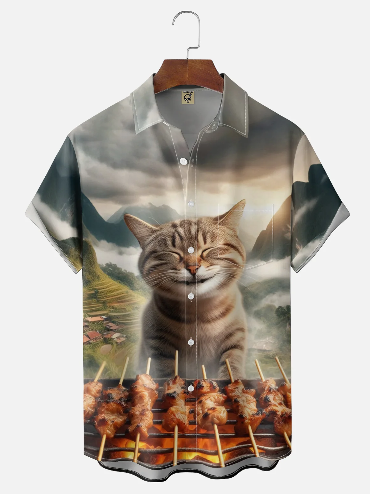 Moisture-wicking Fun Cat BBQ Outdoor Chest Pocket Hawaiian Shirt