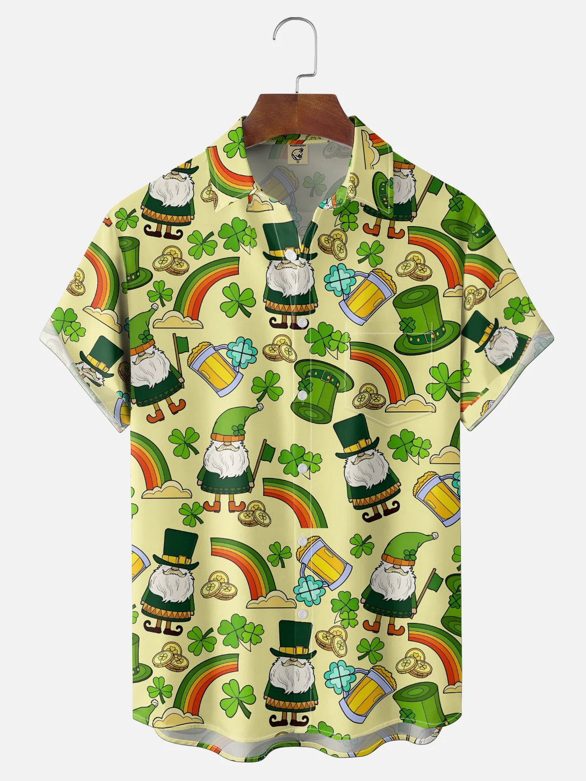 Moisture Wicking St. Patrick's Day Dwarf Four-Leaf Clover Beer Coins Chest Pocket Holiday Shirt