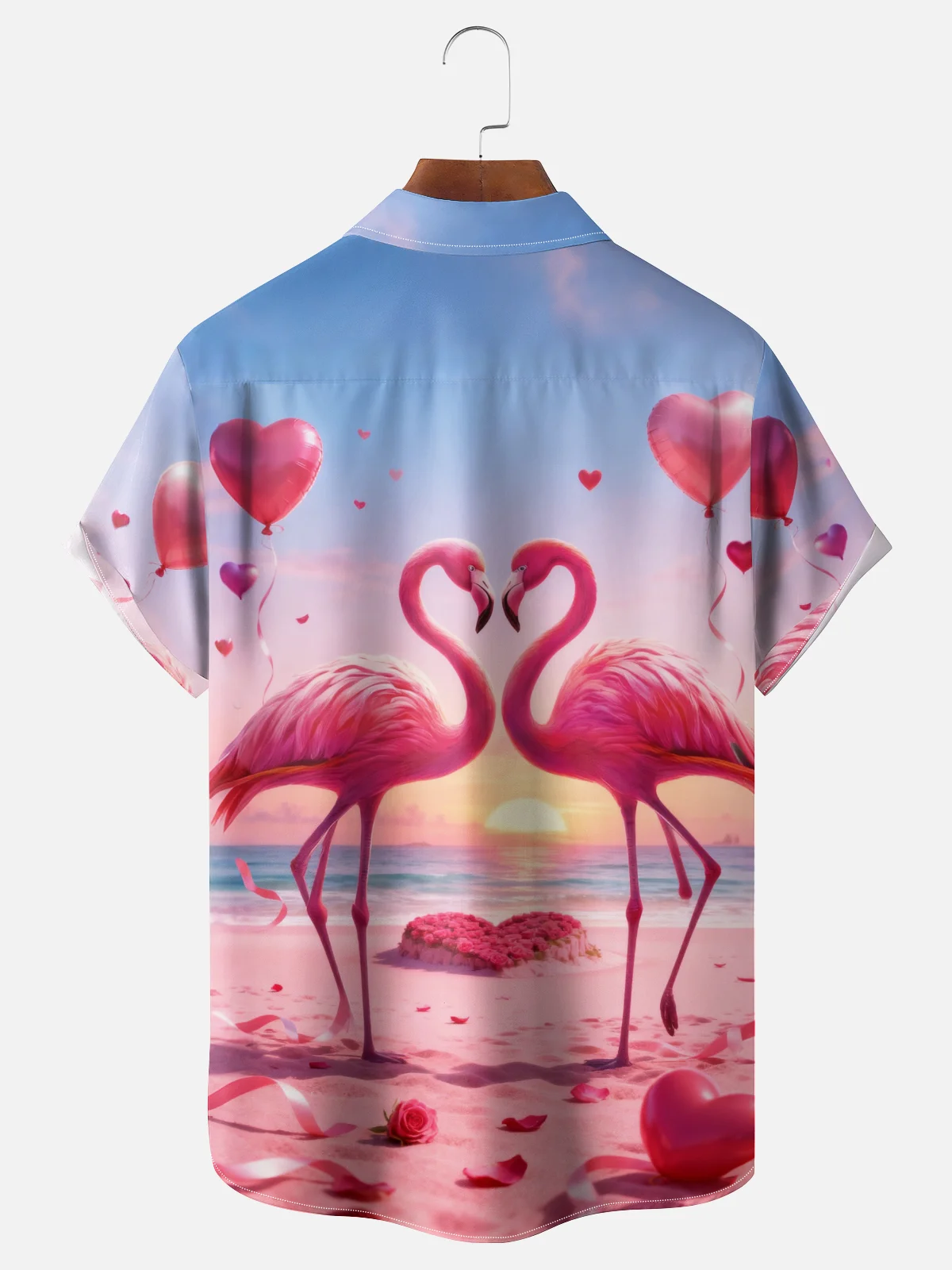 Moisture-wicking Valentine's Day Flamingo Heart Beach Chest Pocket Casual Shirt