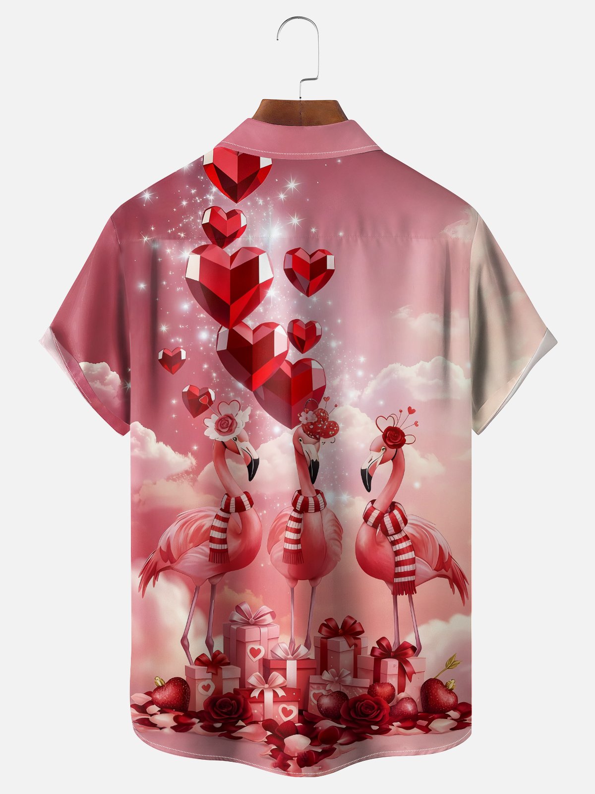 Moisture-wicking Valentine's Day Flamingo Heart Chest Pocket Casual Shirt